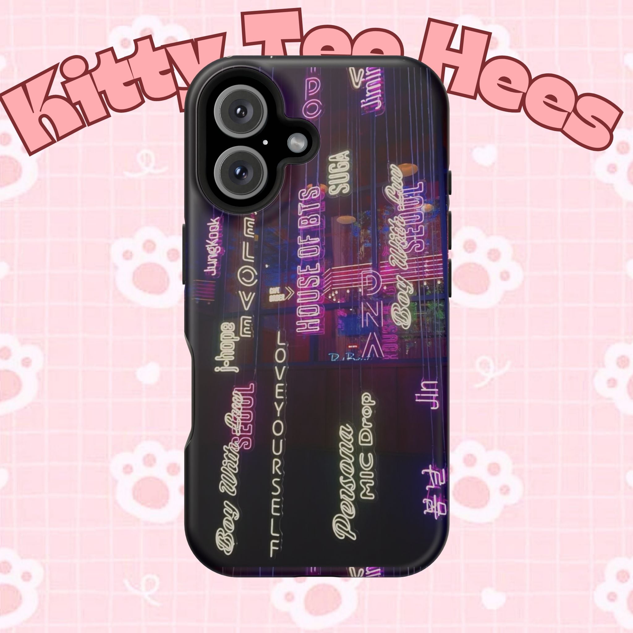Neon Korean script BTS phone case for iPhone and Samsung, impact-resistant design with Bangtan Sonyeondan branding by Printify.