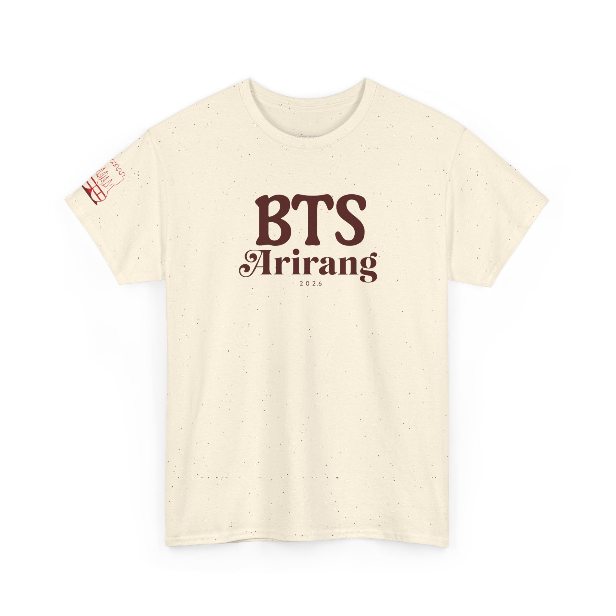 BTS Arirang T-Shirt with Korean Hangul print, featuring BTS World Tour Arirang design, casual concert fit, Printify brand.