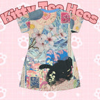 Black cat print T-shirt dress by Printify featuring all-over vintage-style kawaii and bohemian-inspired casual fashion.