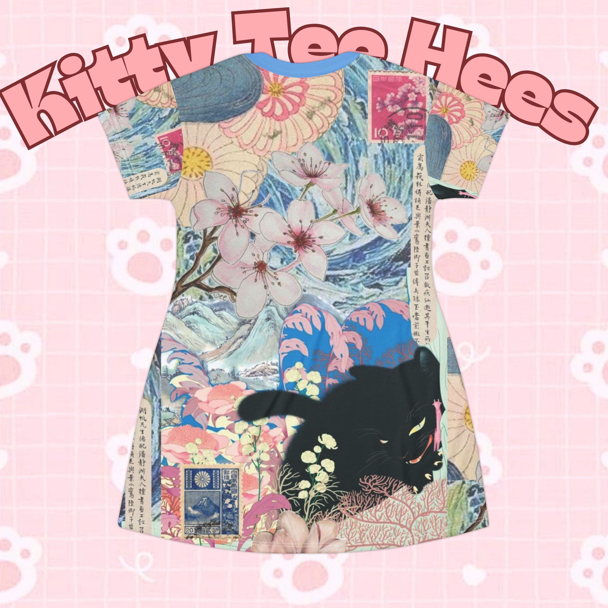 Black cat print T-shirt dress by Printify featuring all-over vintage-style kawaii and bohemian-inspired casual fashion.