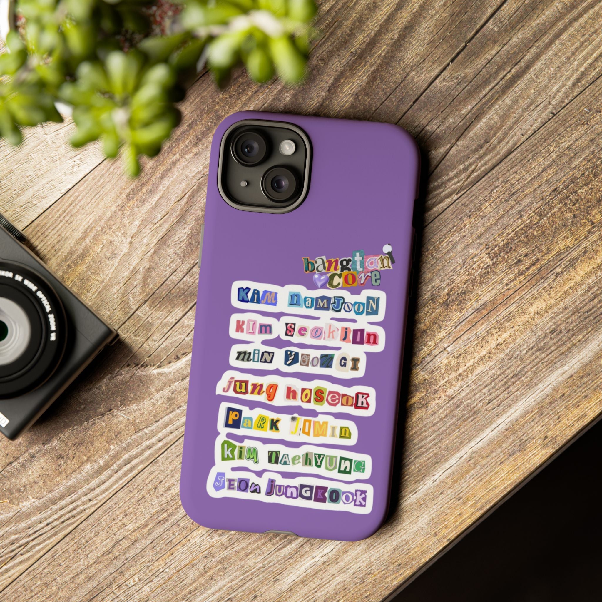 BTS member names phone case featuring Jungkook, Jimin, Rap Monster for iPhone 17, printed by Printify, tough protective cover