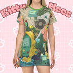 All over print BMO Adventure Time T-shirt dress featuring colorful BMO character design, perfect for fans and casual wear.