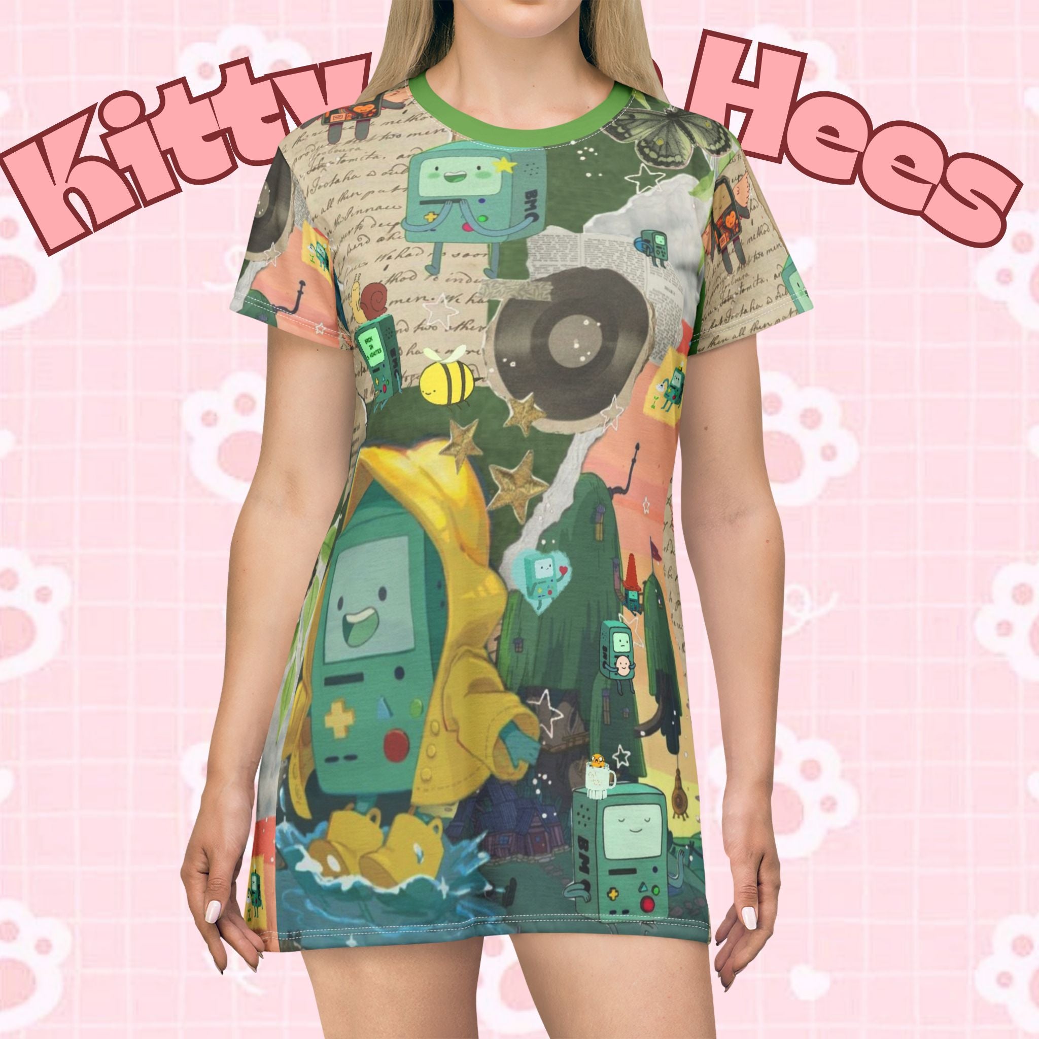 All over print BMO Adventure Time T-shirt dress featuring colorful BMO character design, perfect for fans and casual wear.