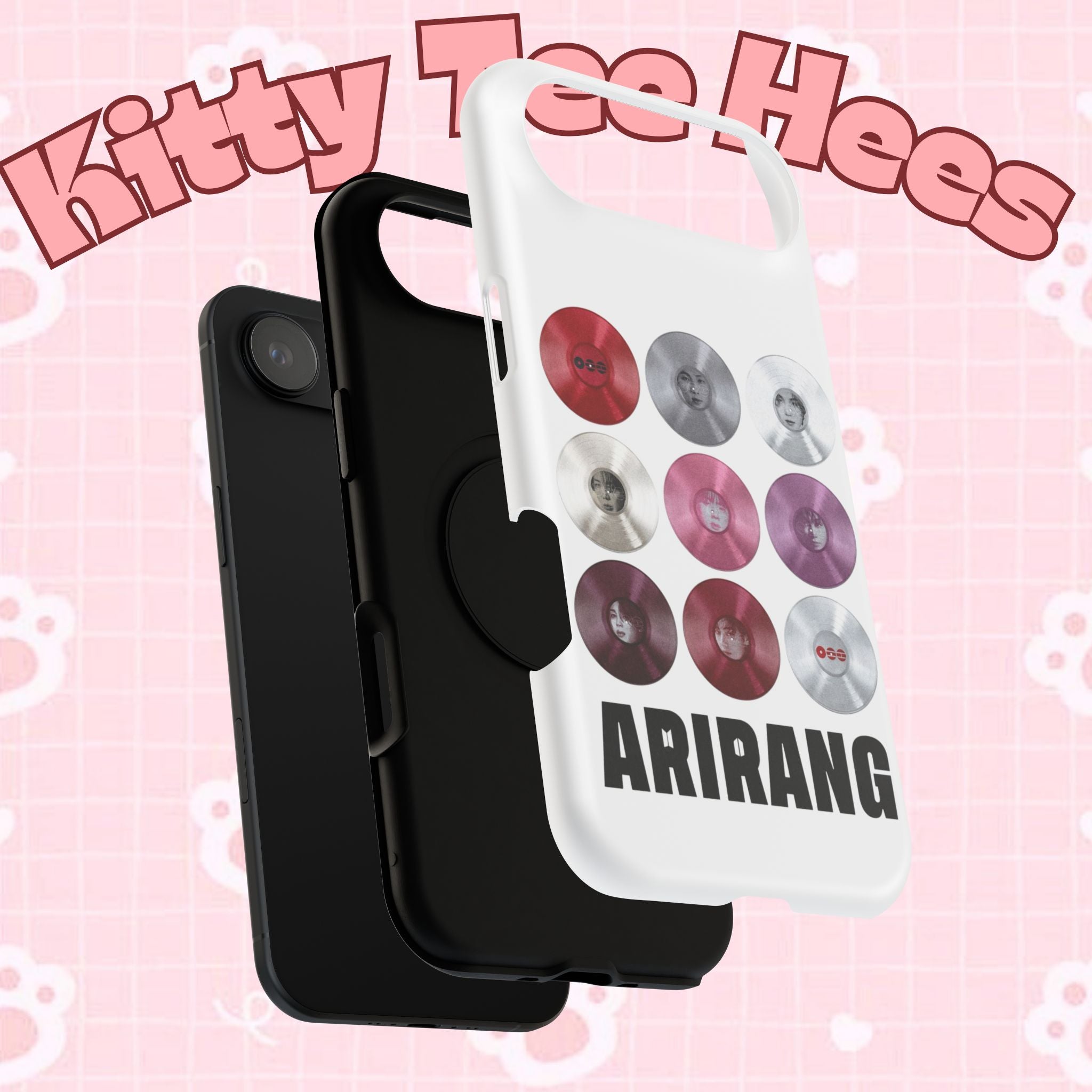 Impact-resistant phone case featuring BTS Arirang vinyl record grid design, custom Printify BTS fan merchandise for fans.