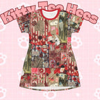 Apple pie print T-shirt dress with holiday motifs, vintage graphic design, casual newspaper berry pattern, by Printify.