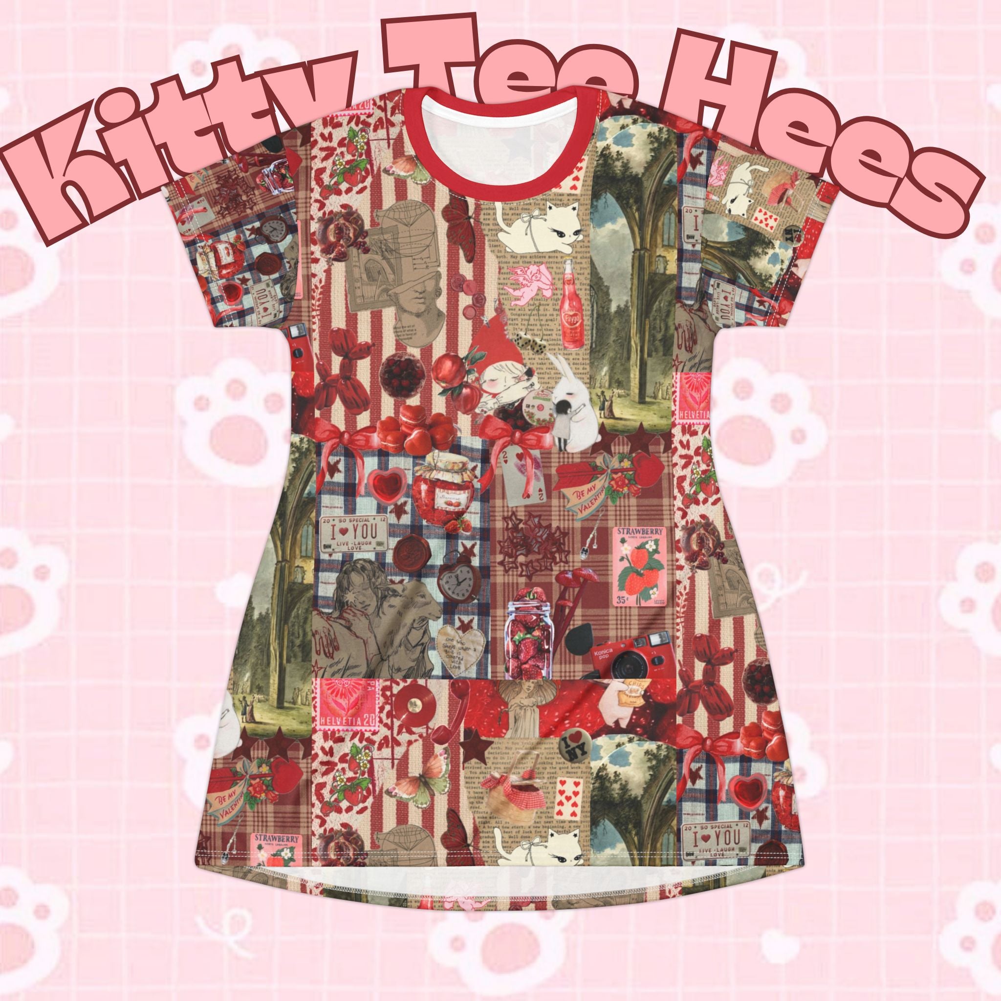 Apple pie print T-shirt dress with holiday motifs, vintage graphic design, casual newspaper berry pattern, by Printify.