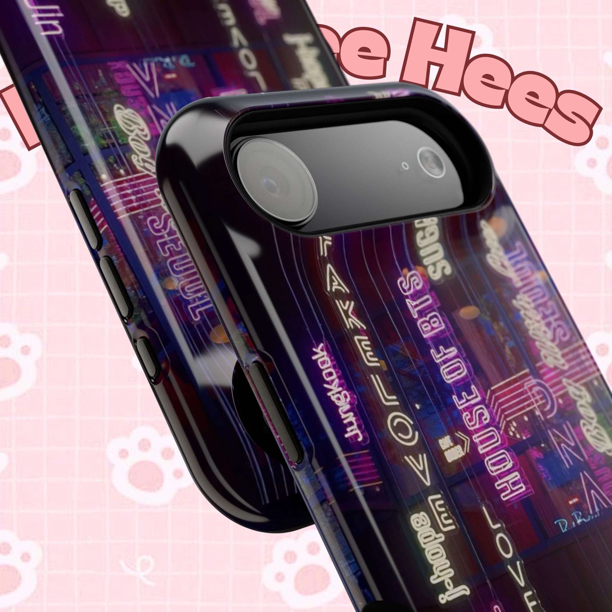 Neon Korean script BTS phone case for iPhone and Samsung with impact-resistant design, featuring bold neon lettering and BTS branding.