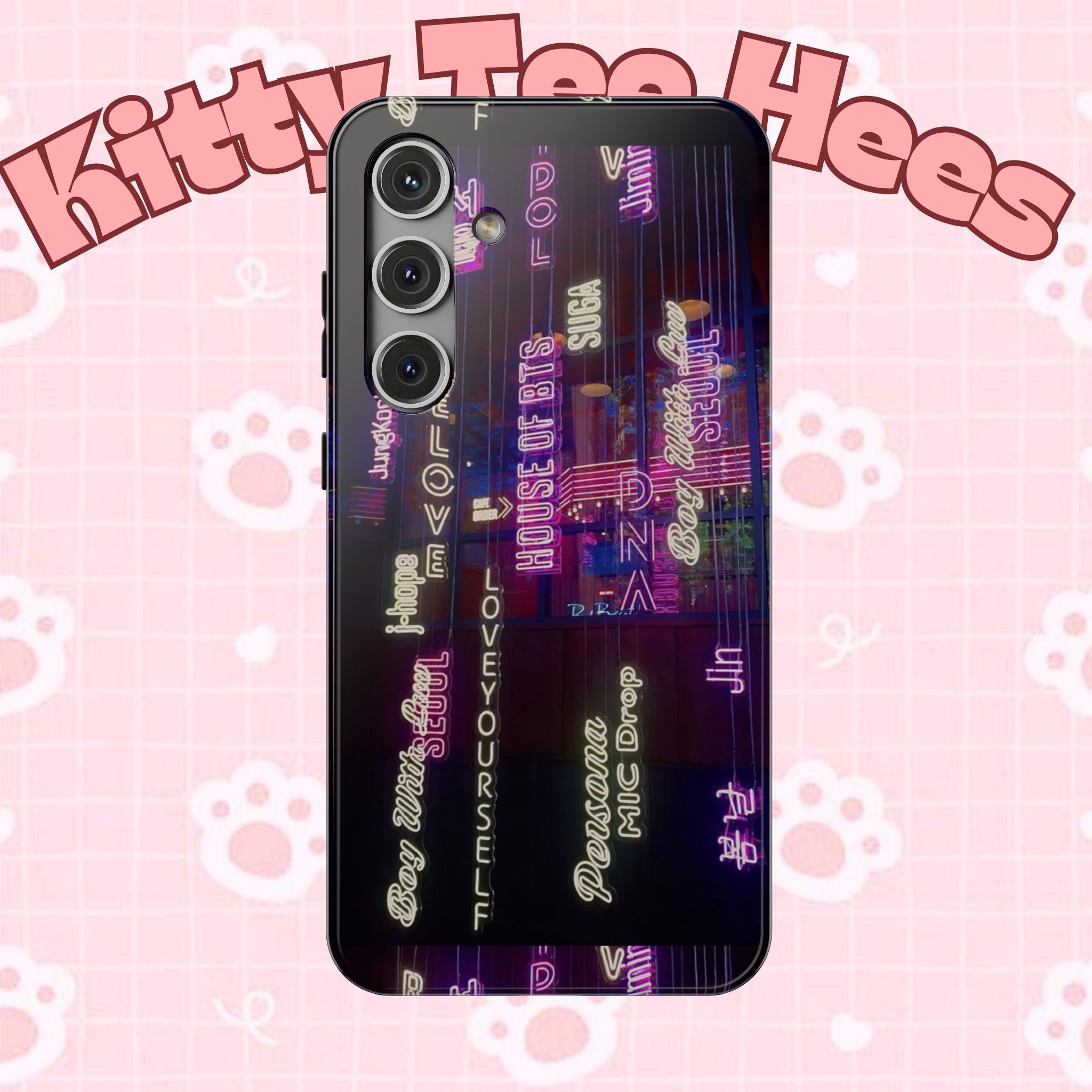 Neon Korean script phone case for iPhone and Samsung, impact-resistant BTS-themed case with bold design and vibrant colors.