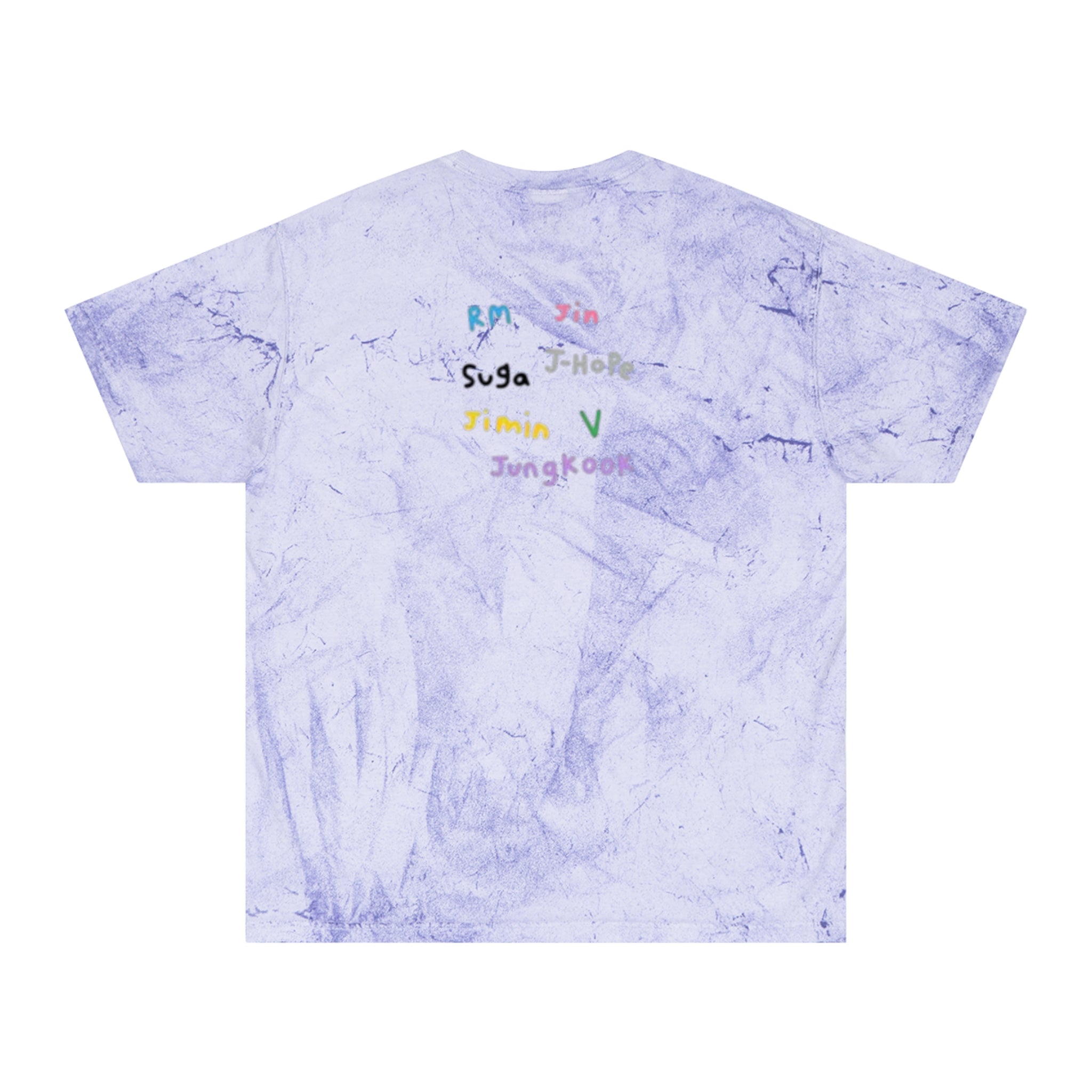 Colorful BTS concert T-shirt featuring rainbow mic and logo design, inspired by K-Pop, printed by Printify.