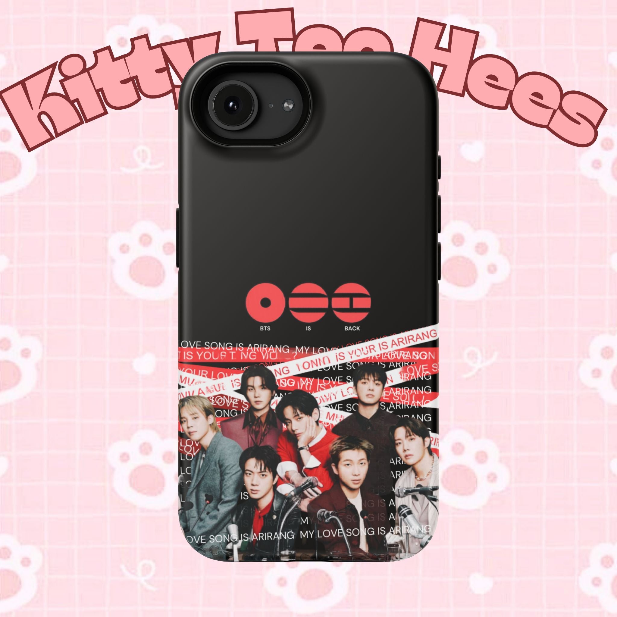 Custom BTS Bangtan phone case featuring fan-made K-Pop band photo, impact-resistant design by Printify for fans and collectors.