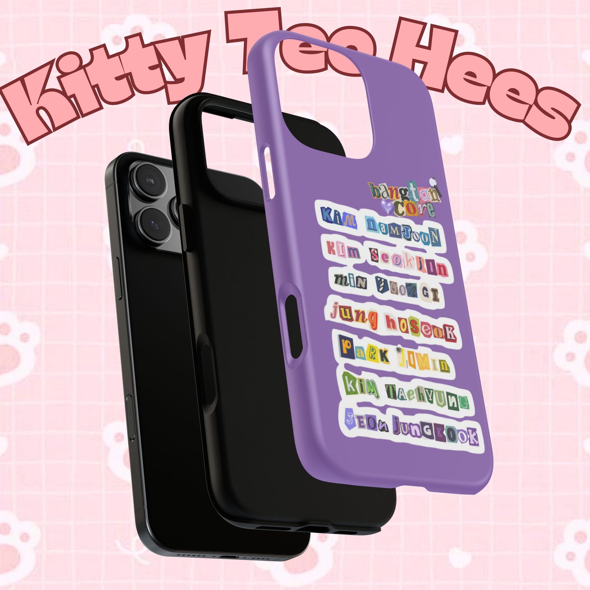 Printify BTS member names phone case featuring Jungkook, Jimin, and Rap Monster for iPhone 17 with tough protective design.