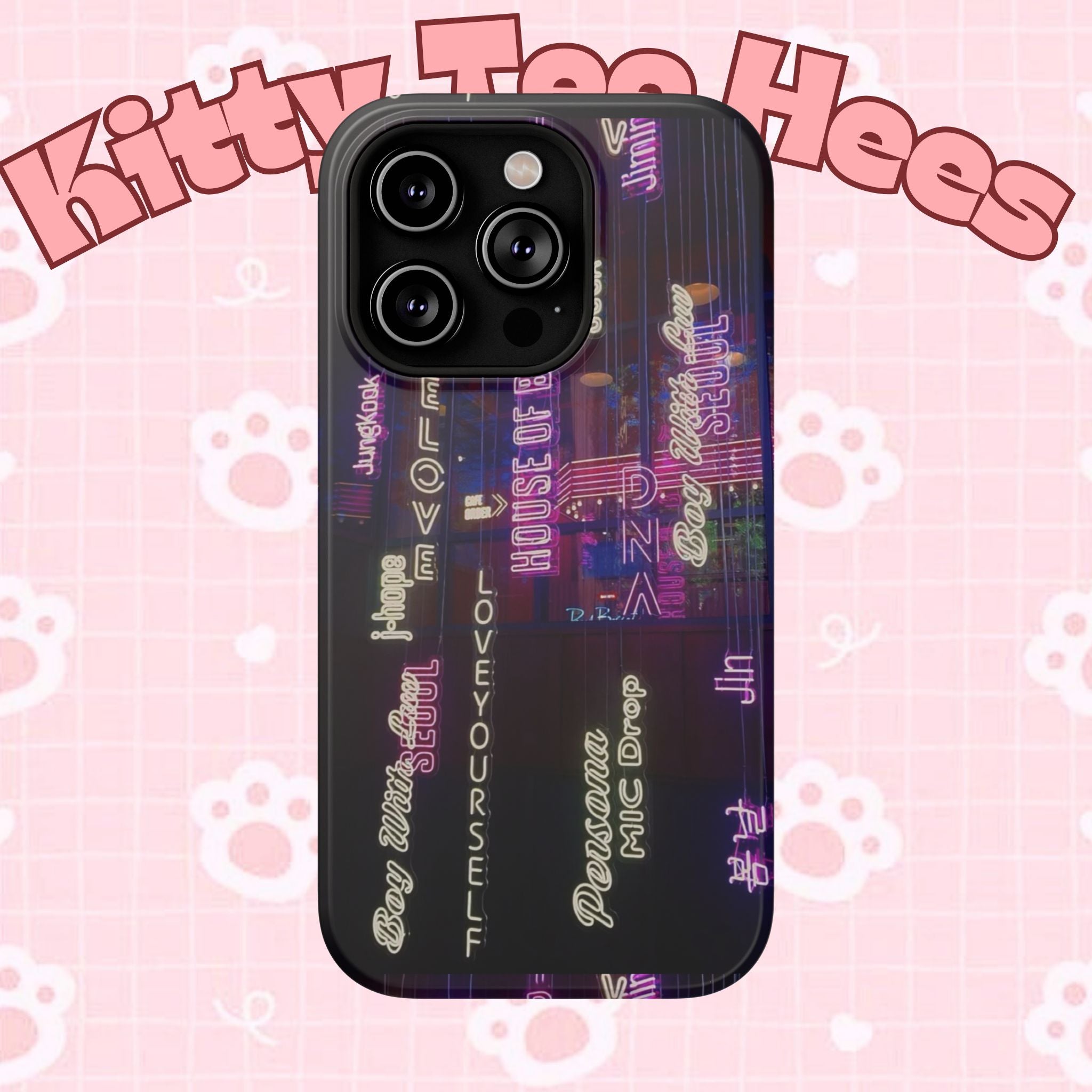 Neon Korean Script BTS phone case for iPhone and Samsung, impact-resistant design with bold neon lettering.