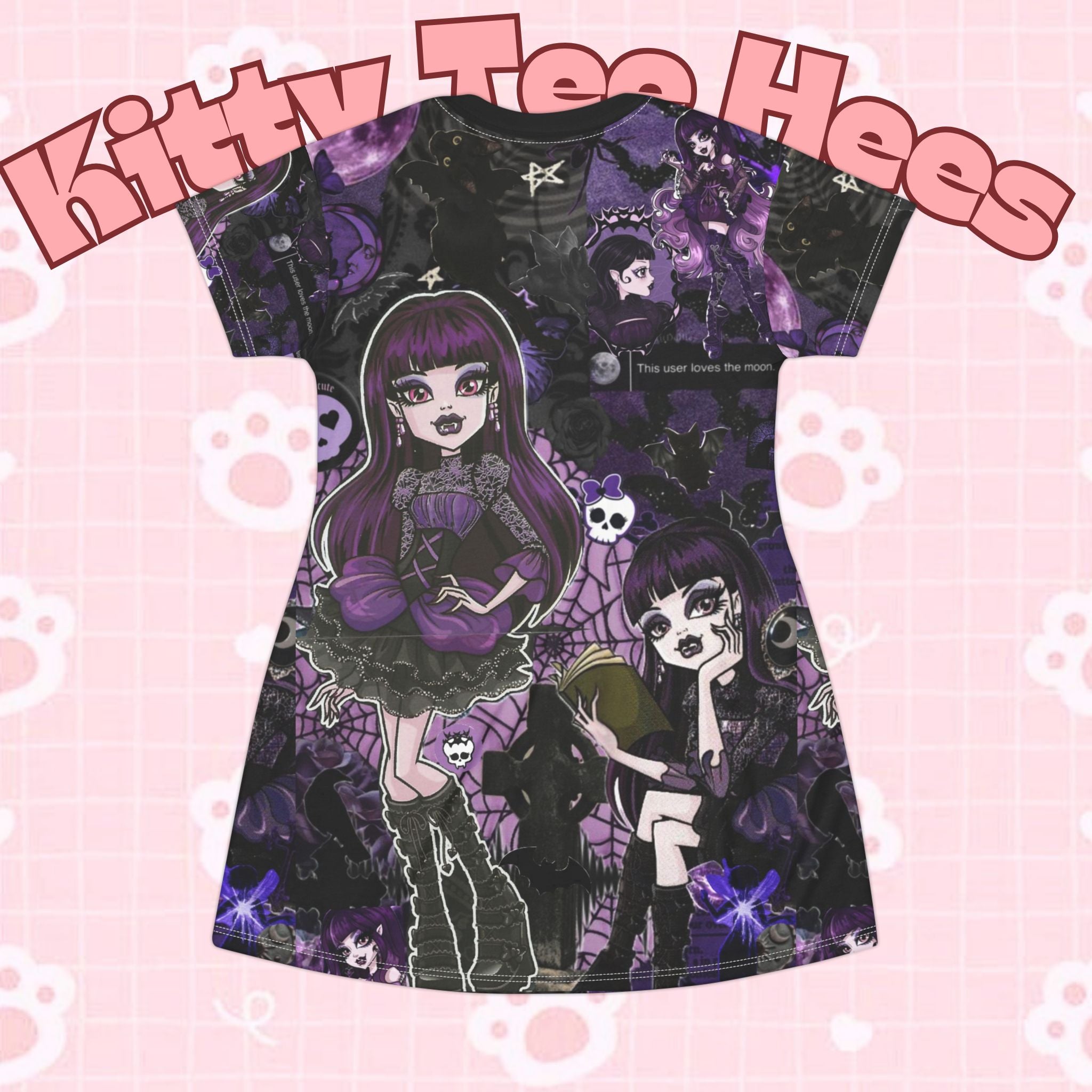 Gothic purple anime girls T-shirt dress with all-over print featuring Elisabeth character, vibrant colors, and detailed artwork.