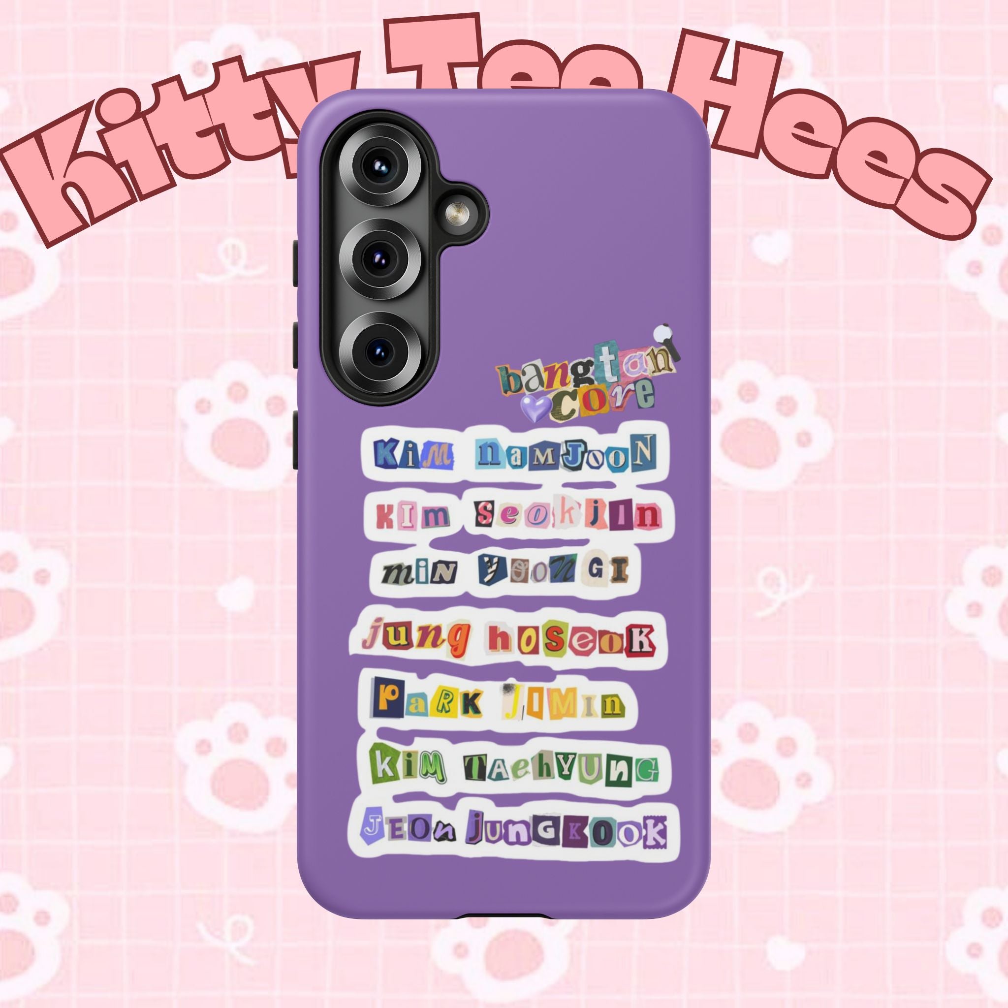 Custom BTS member names phone case featuring Jungkook, Jimin, and RM for iPhone 17, made by Printify with tough protection.