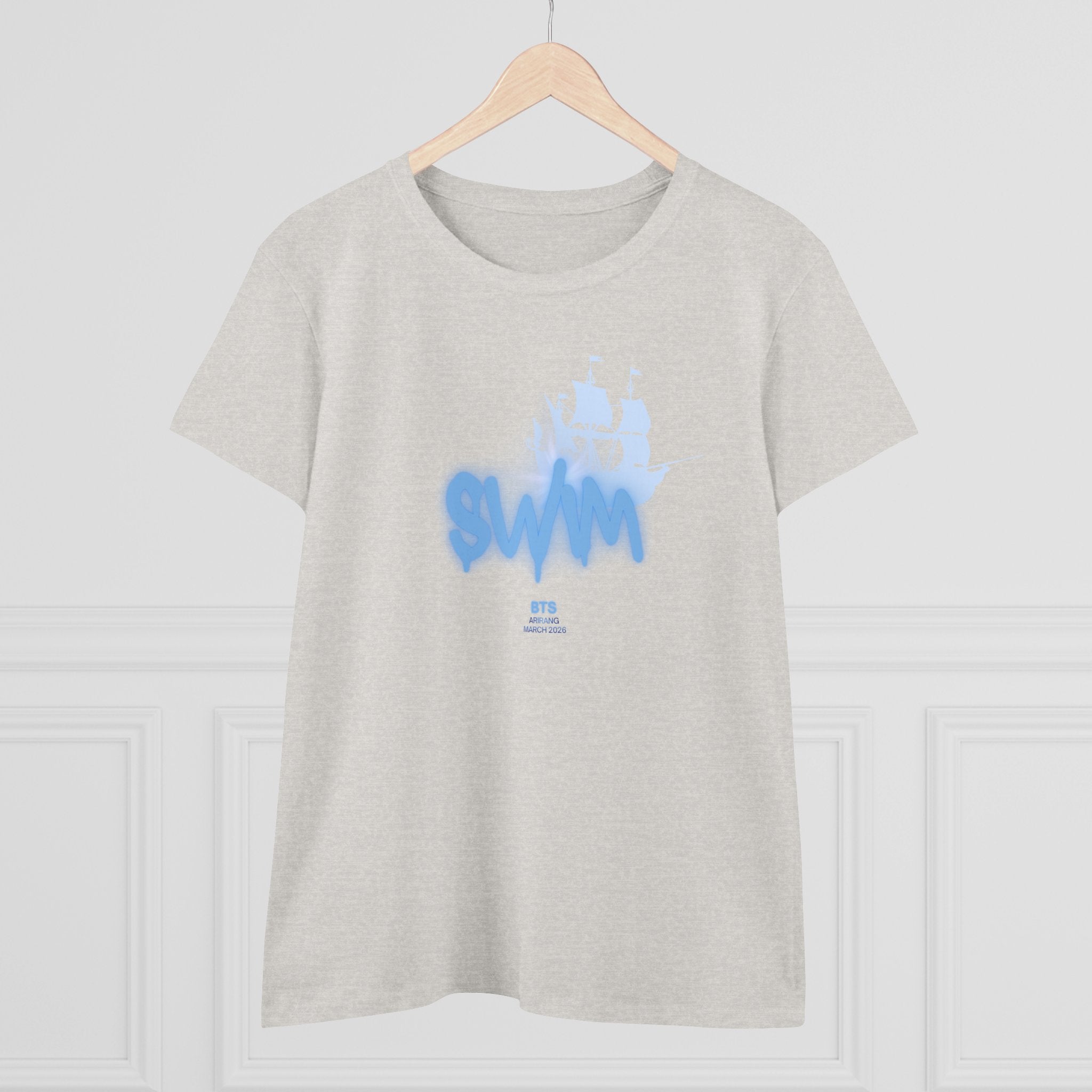 Women's BTS Sailboat Script Logo T-shirt featuring Bangtan World Tour design, cotton fabric, perfect for concert and casual wear.