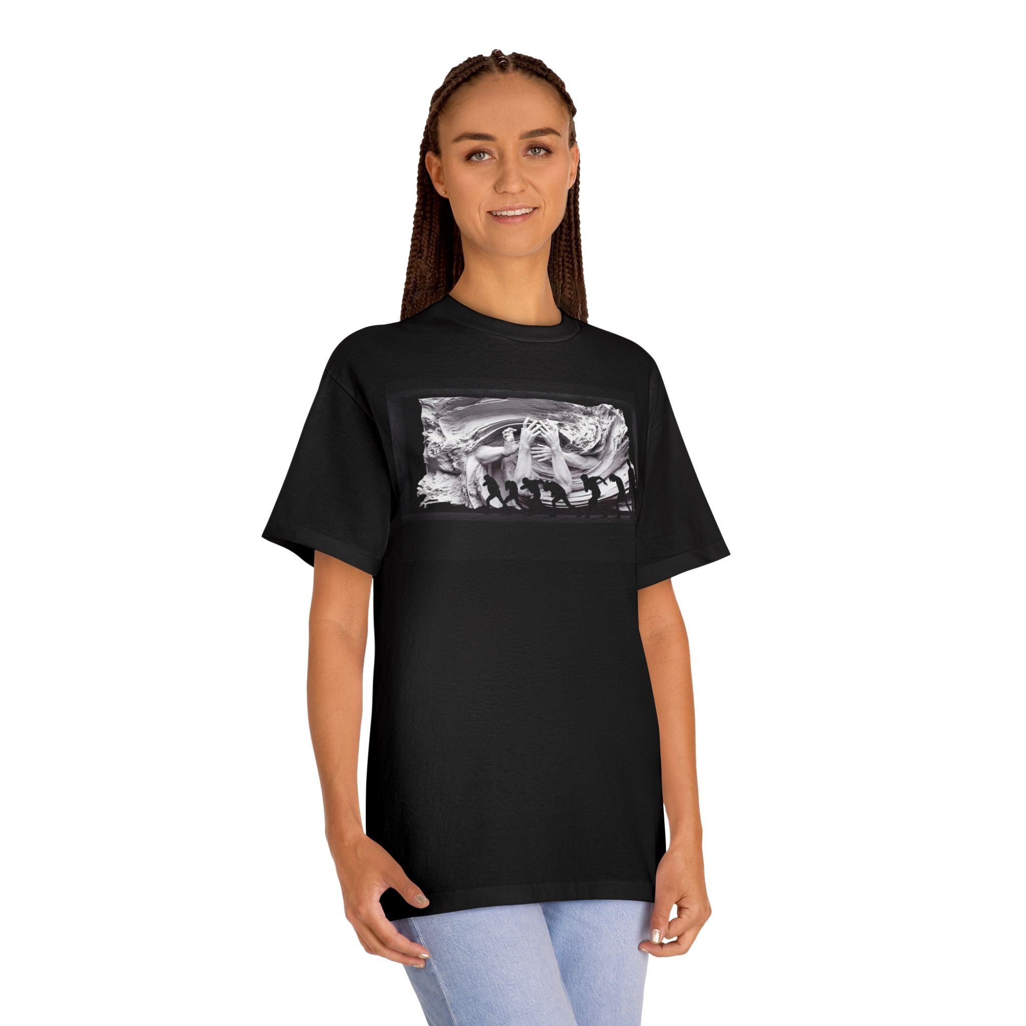 Black and white BTS graphic T-shirt featuring Blood Sweat and Tears photo print, inspired by K-Pop BTS, by Printify.