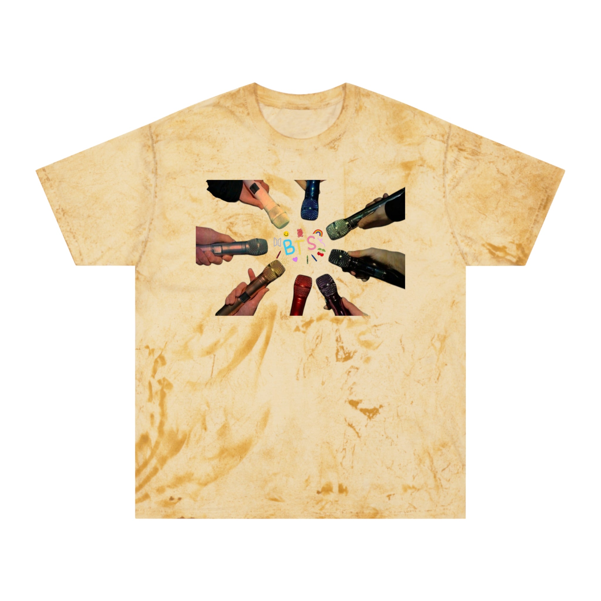 Colorful BTS concert T-shirt with rainbow mic and logo design, inspired by K-Pop fan merchandise, by Printify.