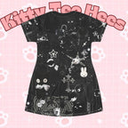 Black Maximalist T-shirt dress with all-over gothic cat collage print, featuring a fun and edgy black cat design by Printify.