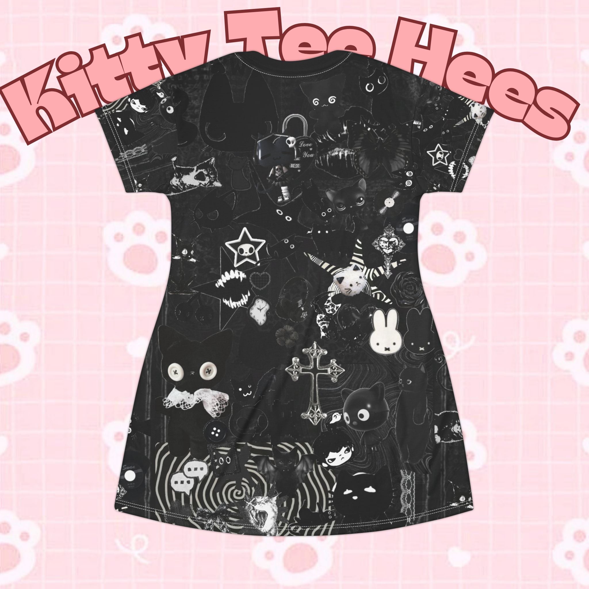 Black Maximalist T-shirt dress with all-over gothic cat collage print, featuring a fun and edgy black cat design by Printify.