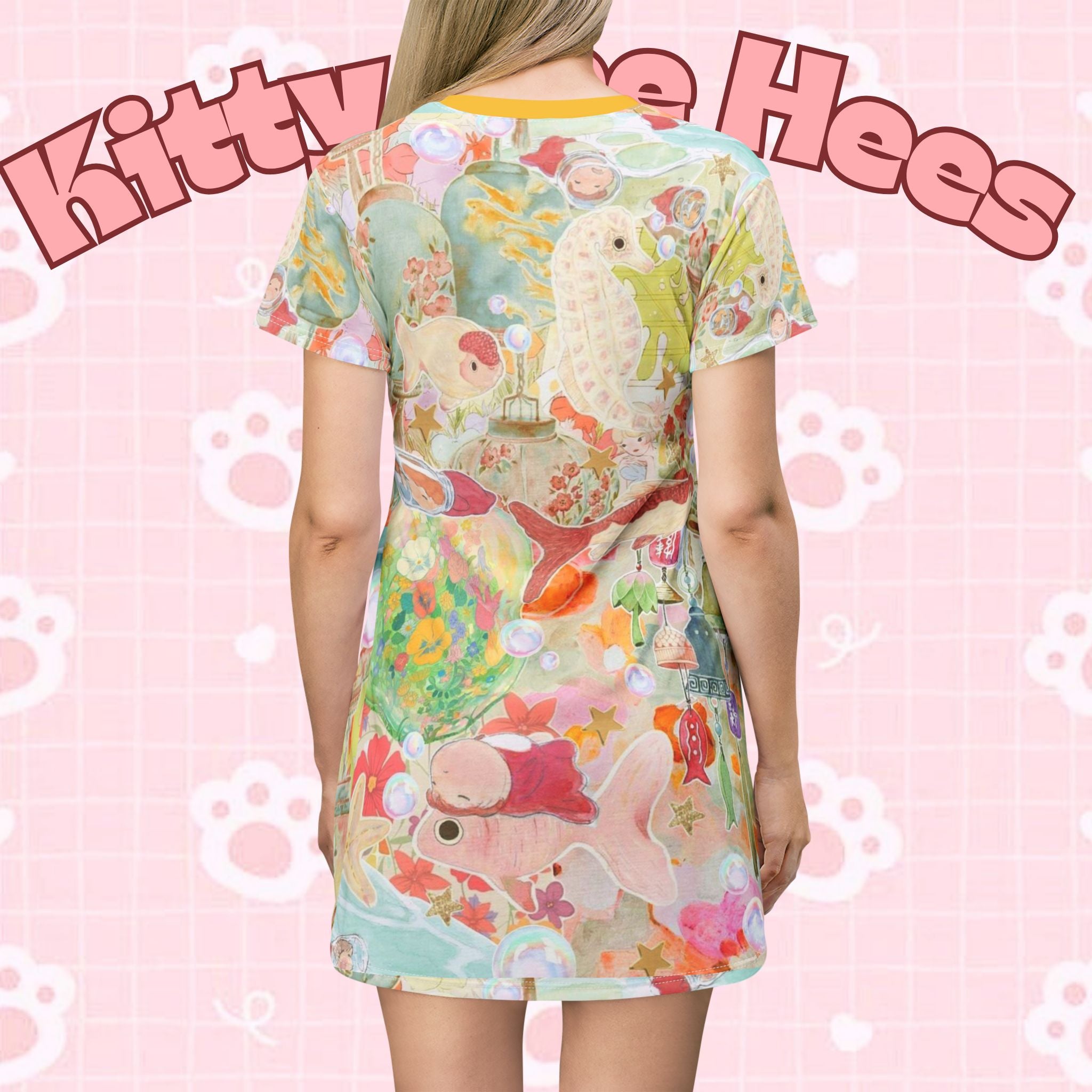 Colorful Koi Ponyo cat-themed T-shirt dress with all-over print, casual summer style, perfect for birthdays and gifts for cat lovers.