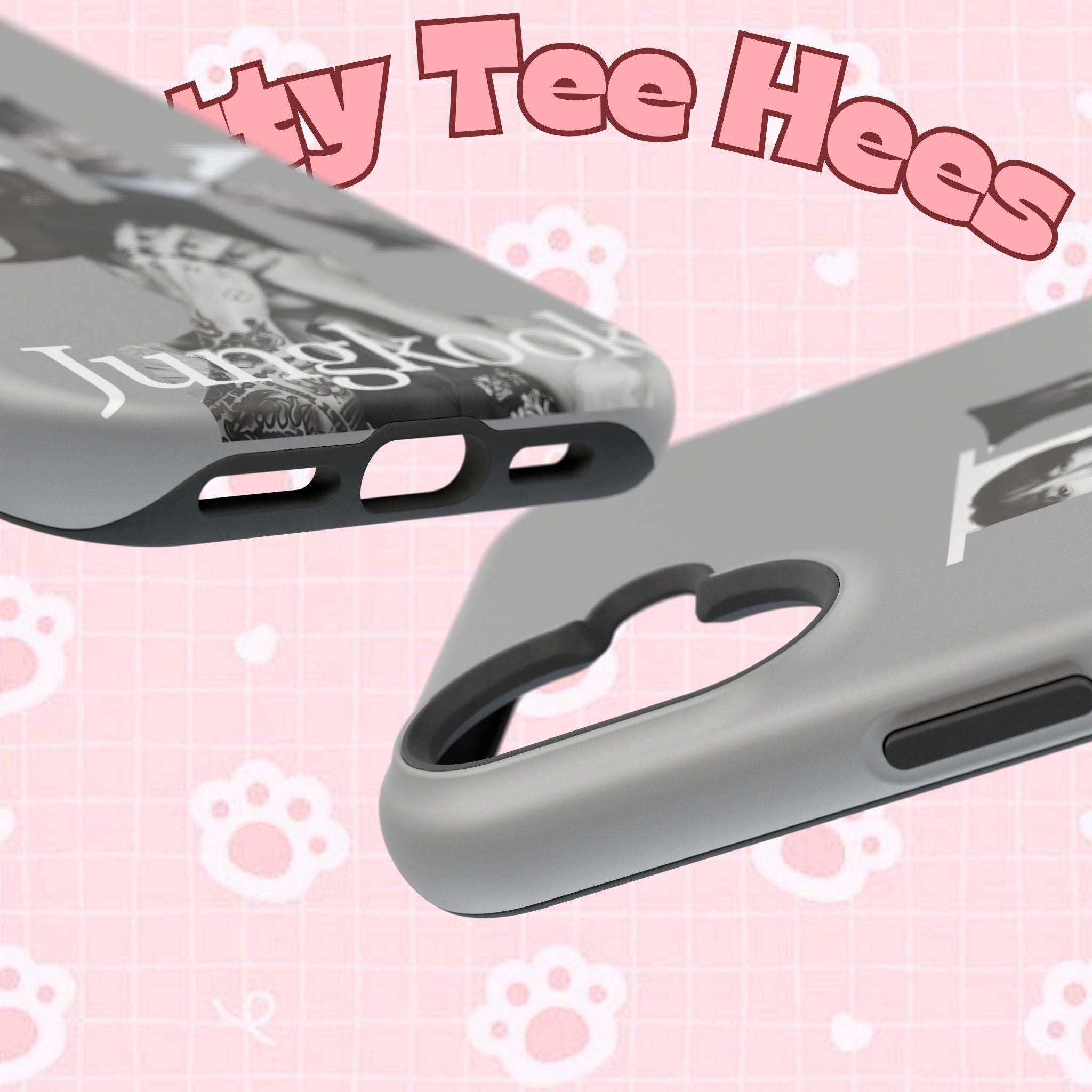Monochrome BTS Jungkook phone case with letter design, impact-resistant Printify phone cover featuring Jungkook from Bangtan Boys.