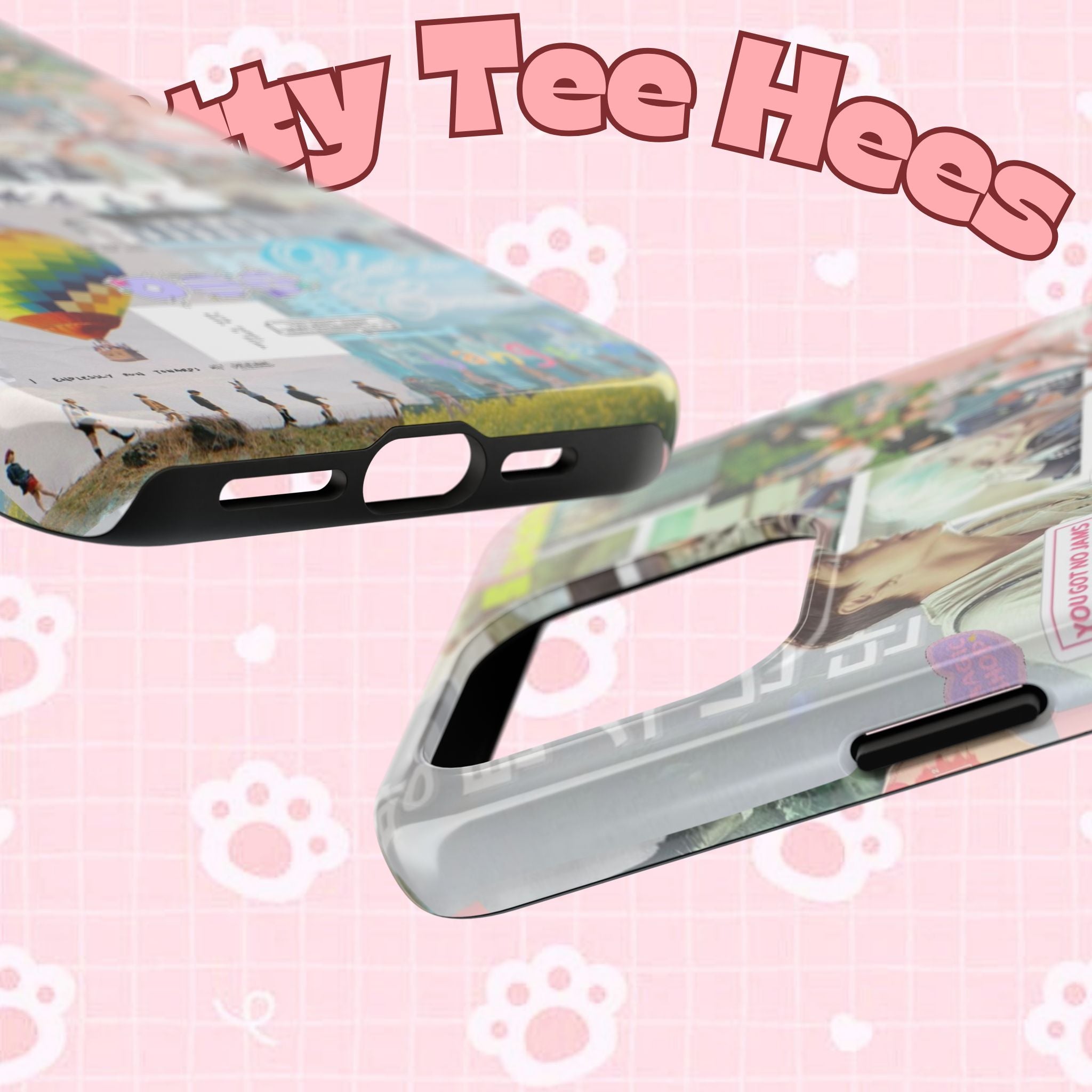 Printify BTS collage phone case for iPhone and Samsung featuring pastel hot air balloon and K-Pop photo collage design.