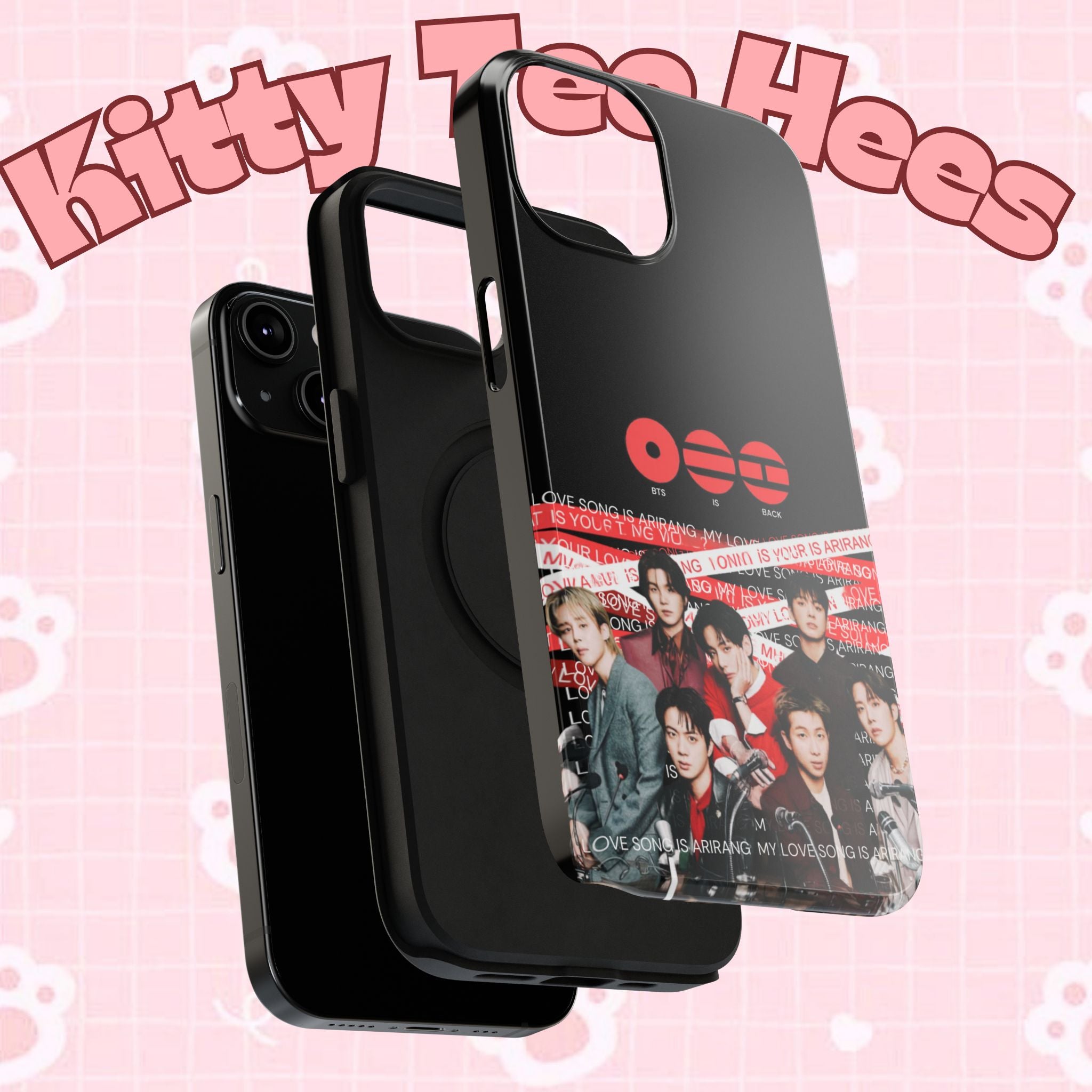 Custom BTS Bangtan phone case featuring fan-made K-Pop band photo, impact-resistant design, compatible with smartphones.