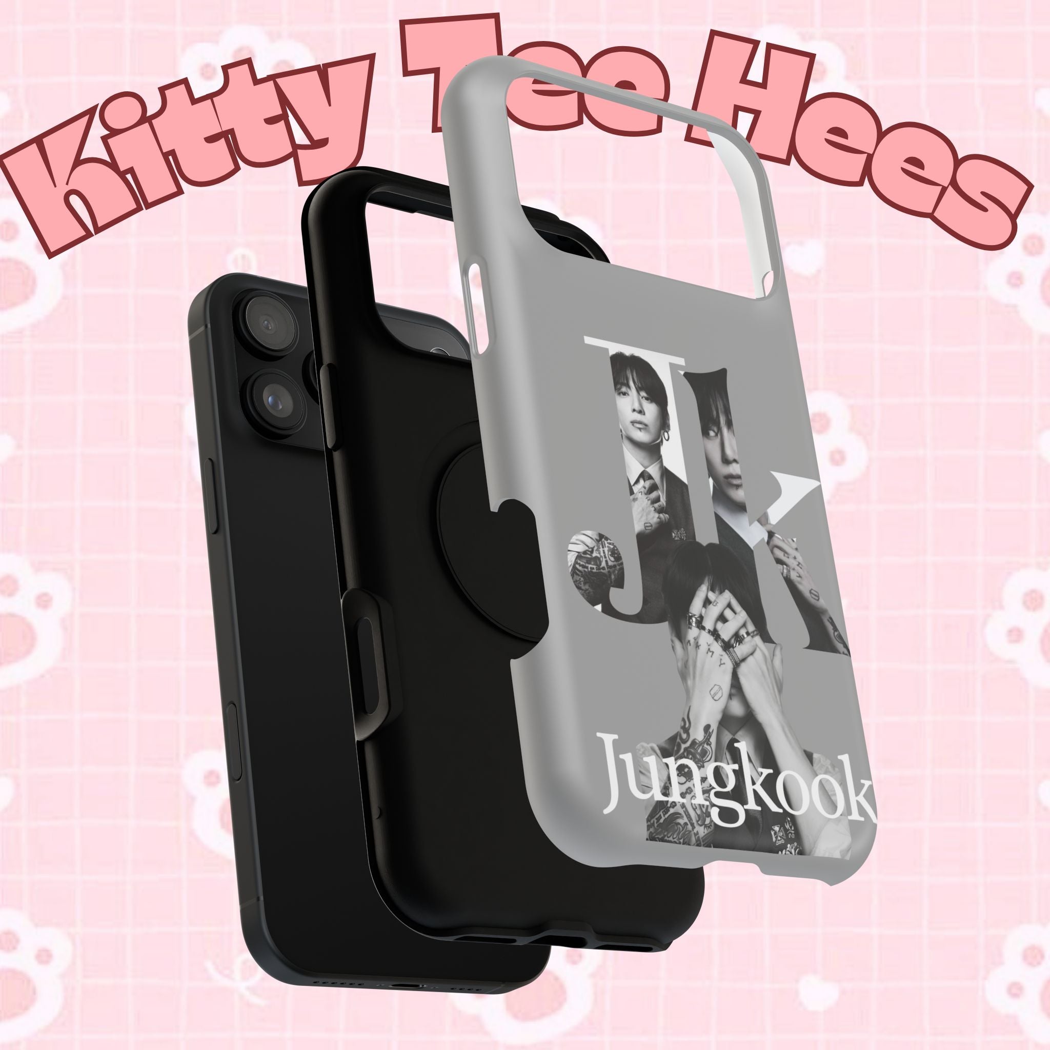 Monochrome BTS Jungkook phone case with letter design, impact-resistant Printify protective case for smartphone.