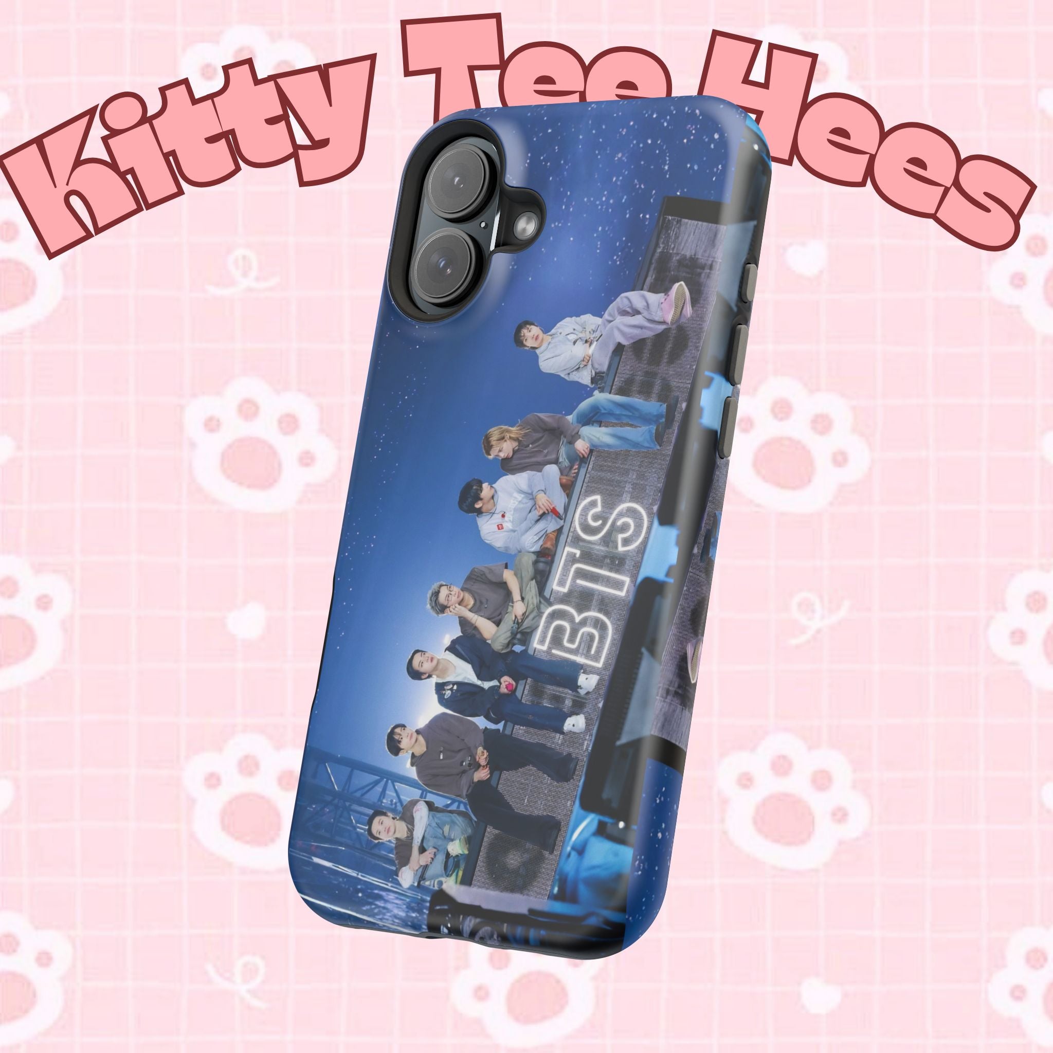Printify BTS Bangtan World Tour Arirang impact-resistant phone case for iPhone 17 and Samsung Galaxy Ultra models, featuring vibrant tour artwork.