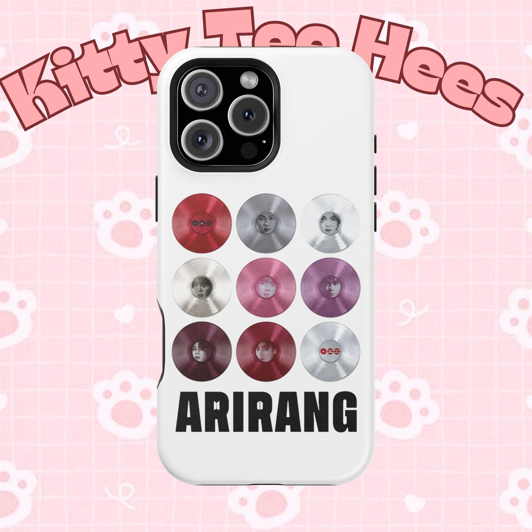 Printify BTS Arirang vinyl record grid phone case featuring cool BTS fan merchandise design, impact-resistant protective cover.