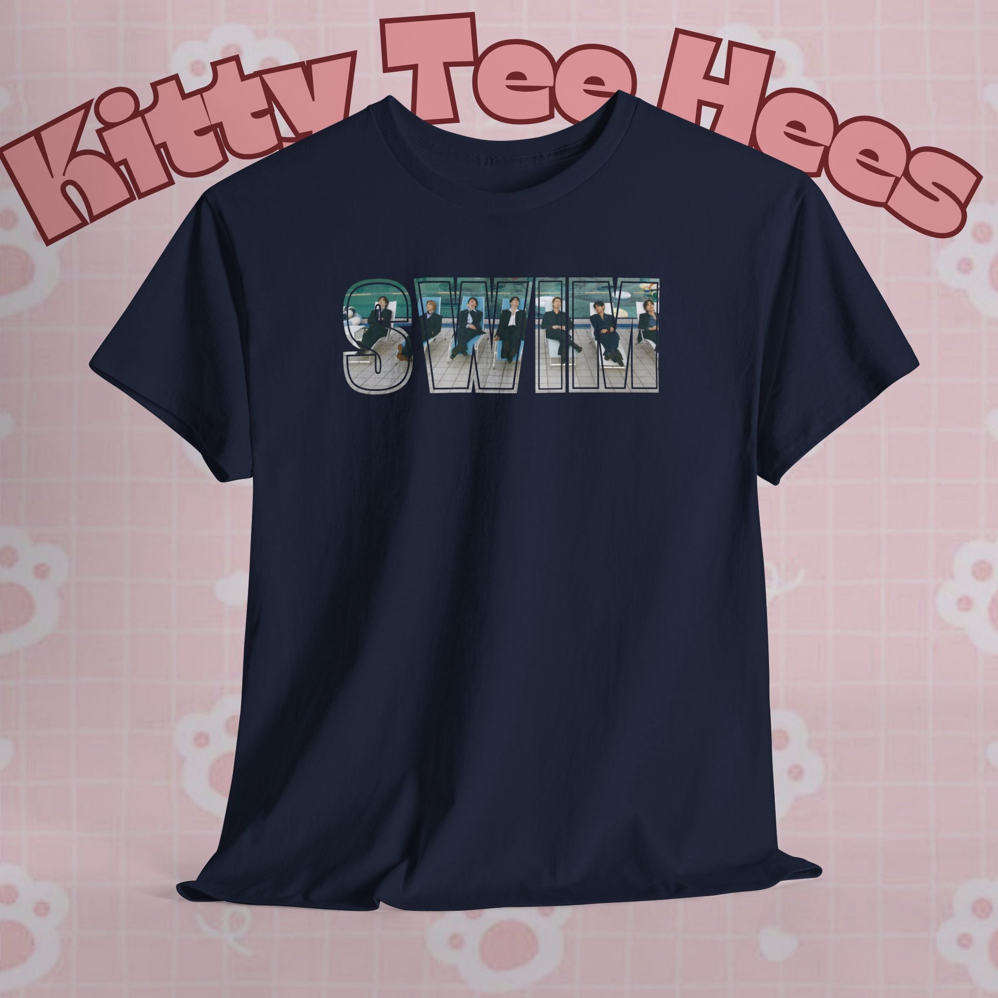 Printify BTS swim graphic T-shirt featuring a pool design and "I could spend a lifetime watching you swim" text, casual concert tee.