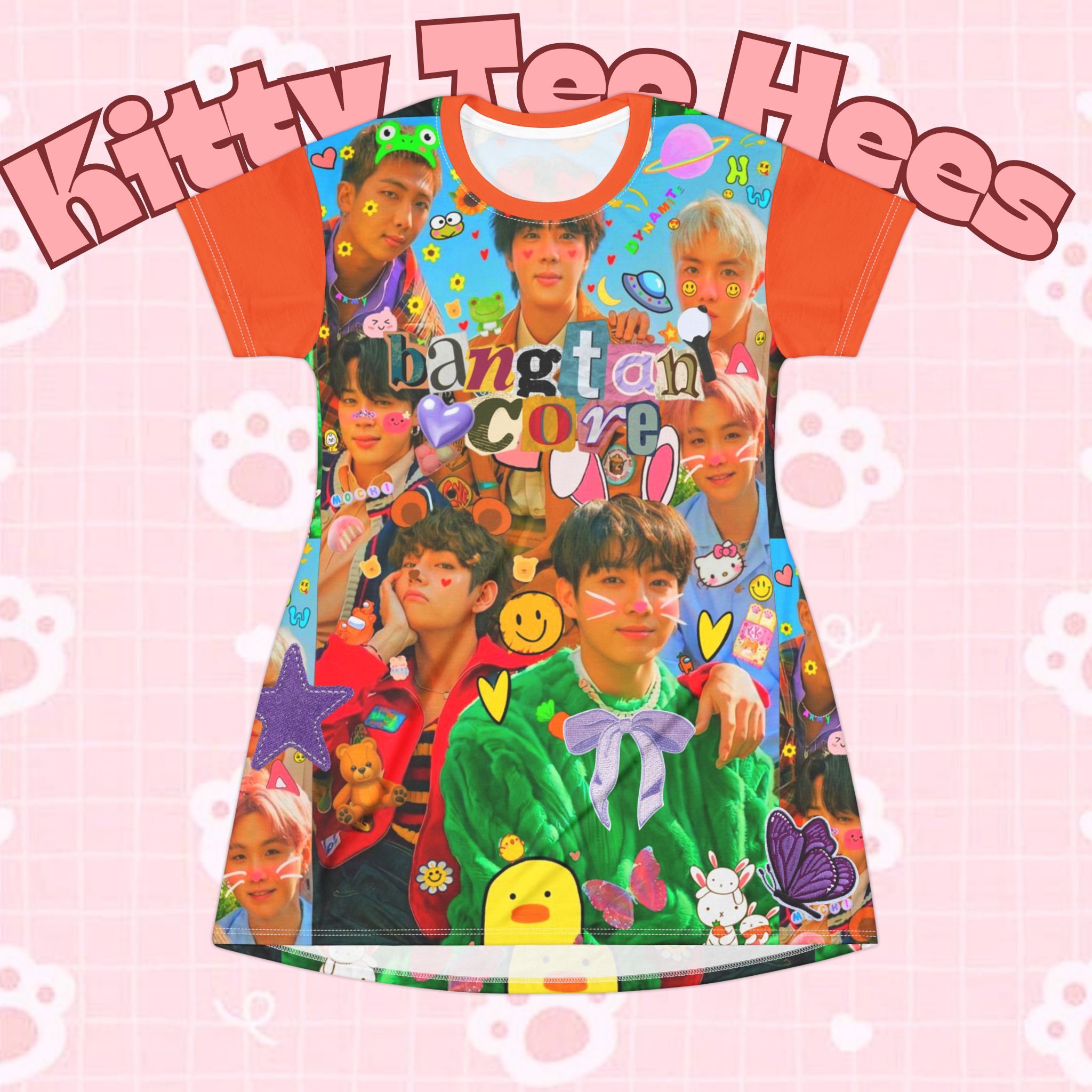 Colorful BTS Kidcore Y2K concert dress with all-over print featuring Bangtan Boys K-Pop group photo on a T-shirt dress.