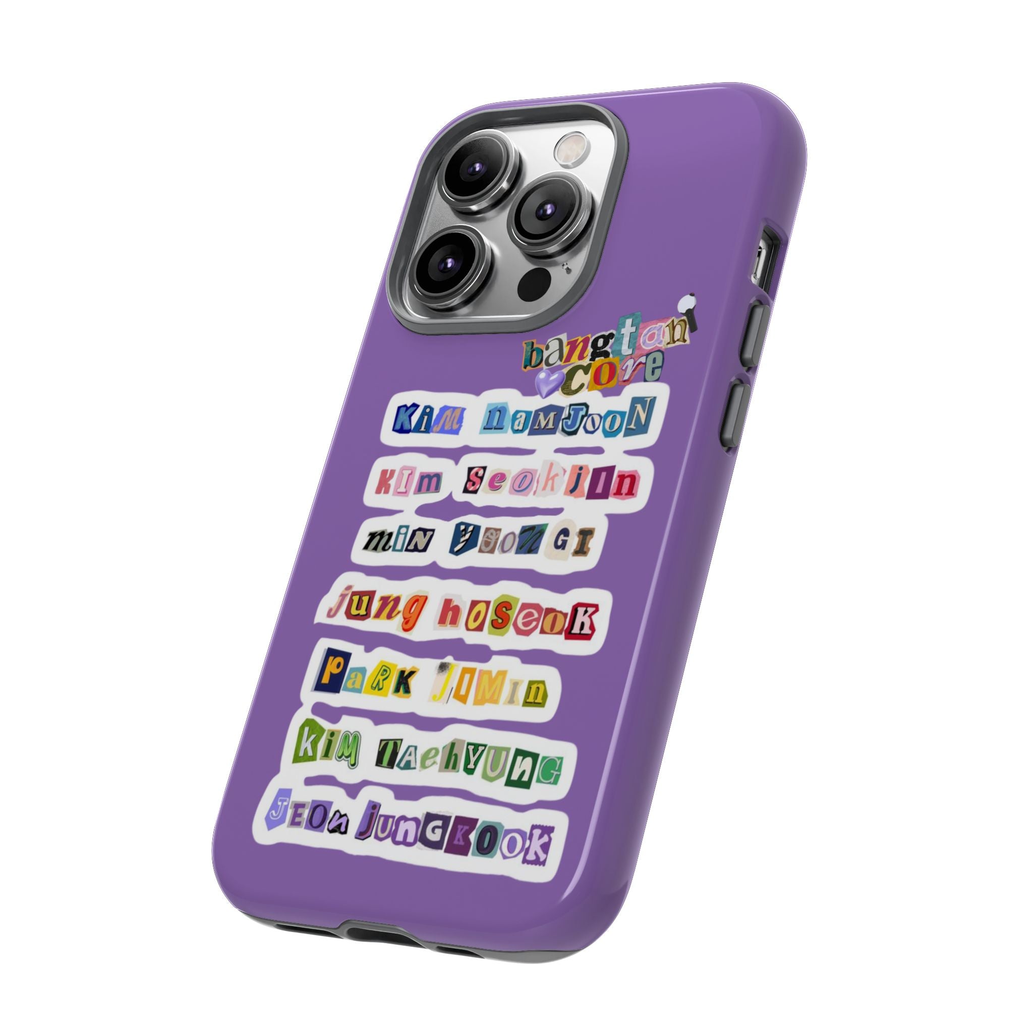 BTS member names phone case featuring Jungkook, Jimin, and RM for iPhone 17, durable tough case with Bangtan Boys design.