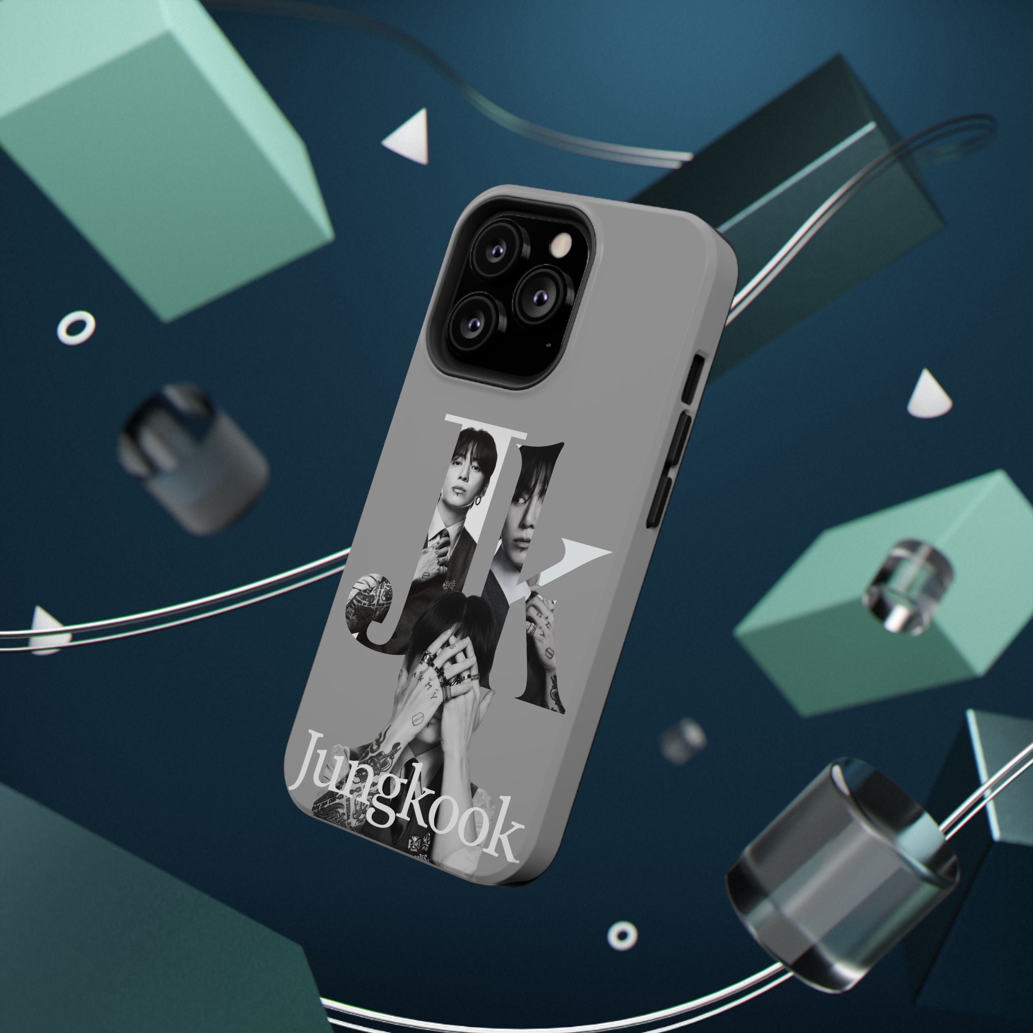 Impact-resistant phone case featuring monochrome letter design of BTS Jungkook by Printify, fits smartphones securely.