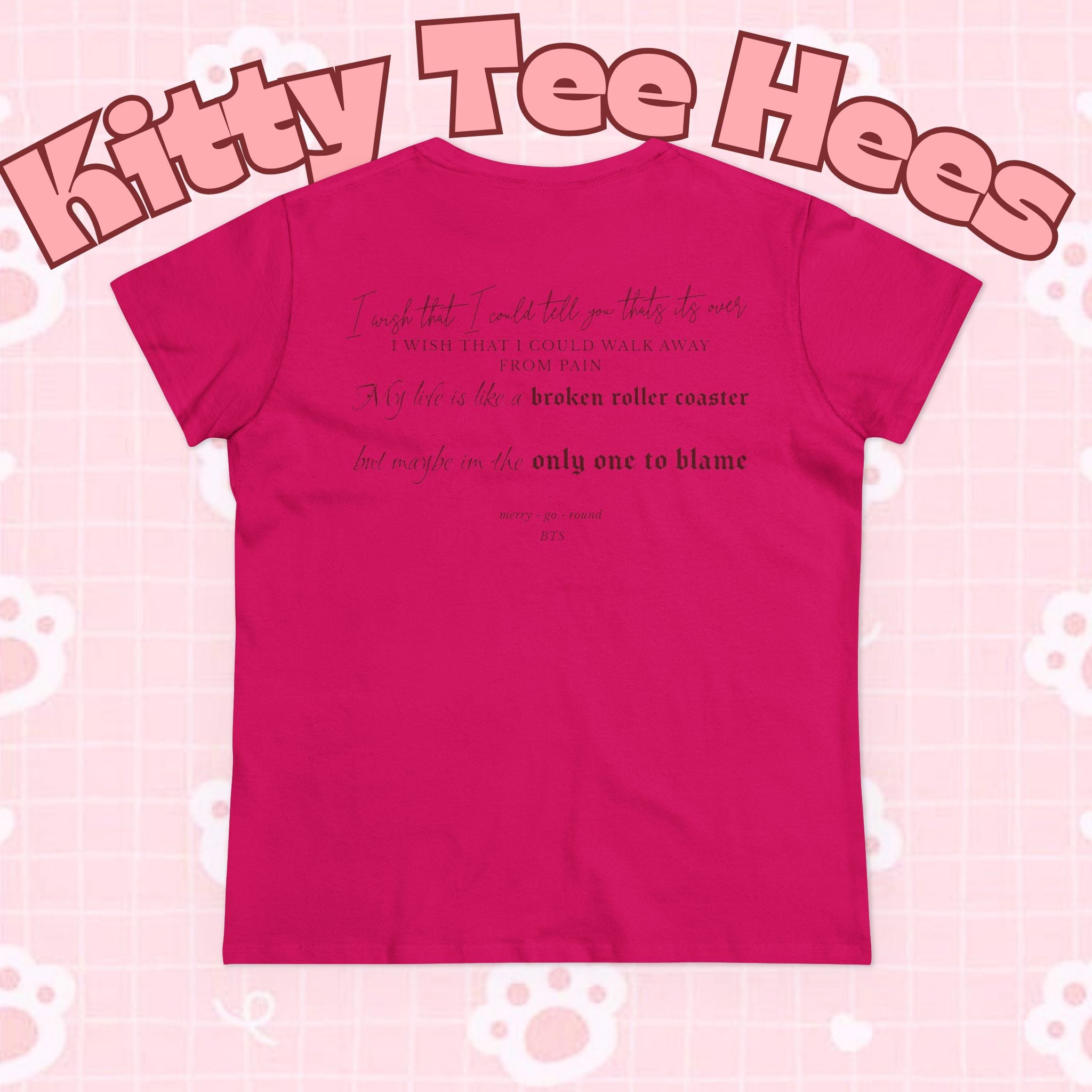 White T-shirt featuring "Merry Go Round" BTS Arirang 2026 album carousel sketch and lyric script back print, by Printify.