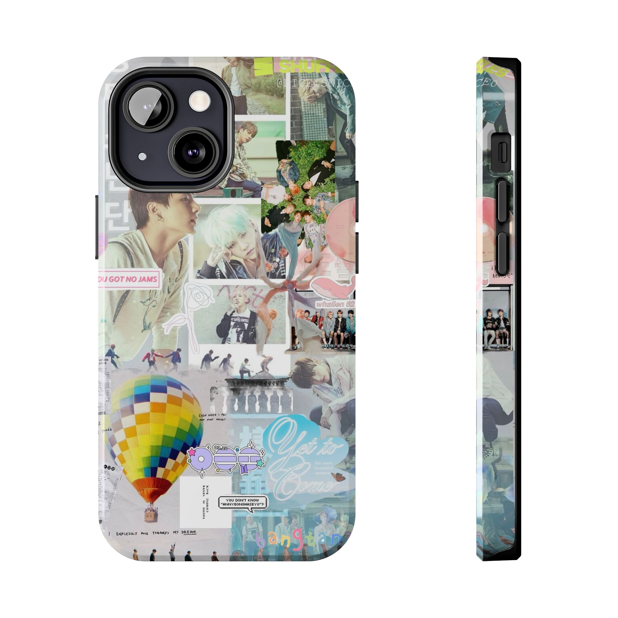 Pastel BTS collage phone case for iPhone and Samsung featuring hot air balloon and K-Pop photo collage design.
