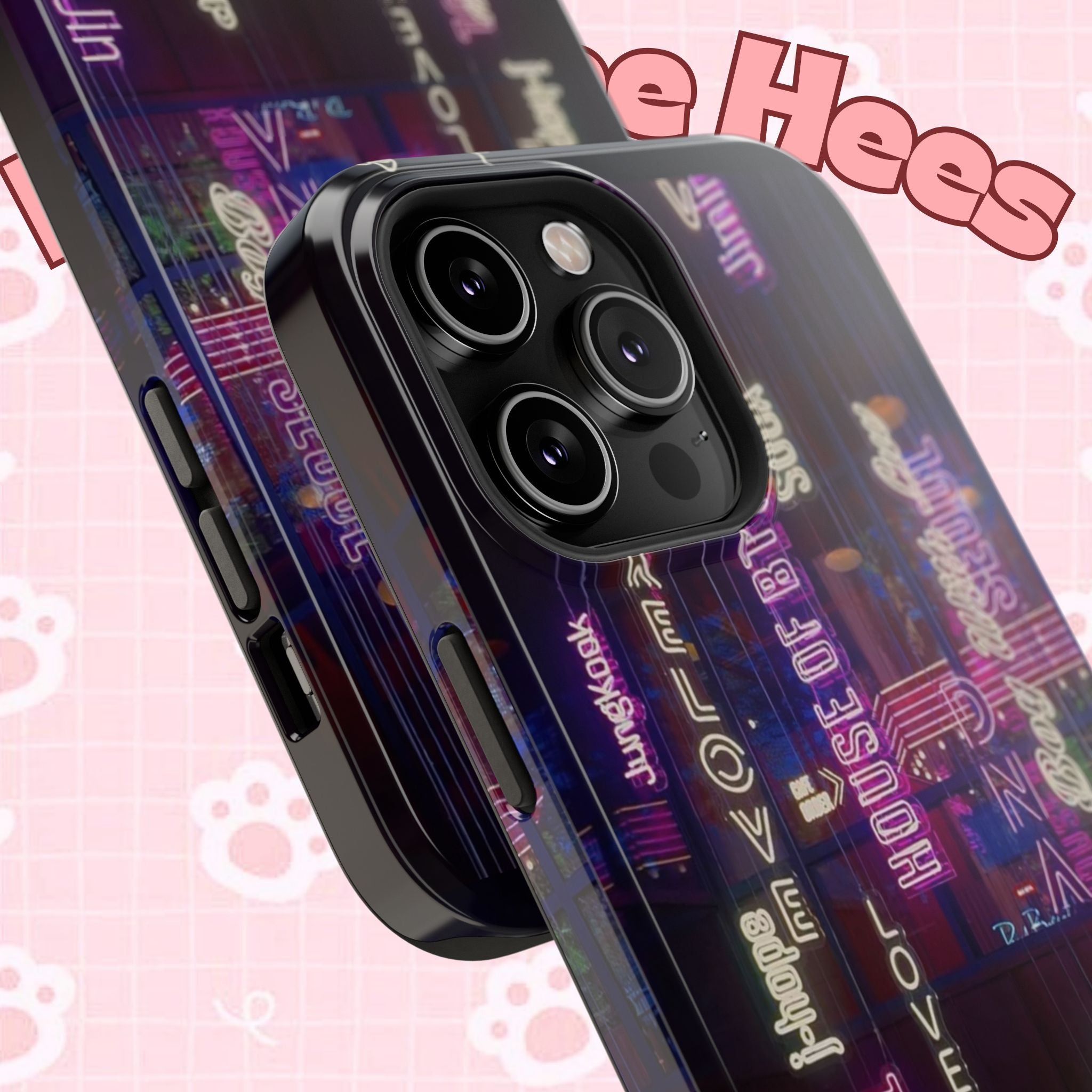 Neon Korean script BTS phone case for iPhone and Samsung, impact-resistant Printify case with bold neon design and Korean text.