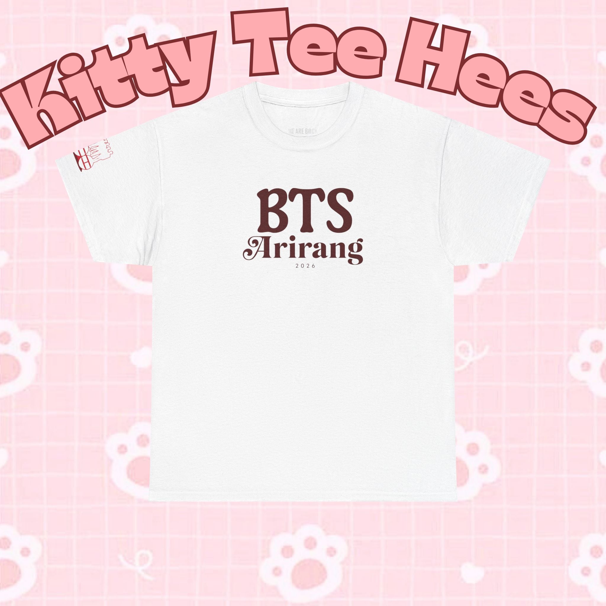BTS Arirang T-shirt with Korean Hangul print, featuring BTS world tour and comeback design, casual concert fit, Printify brand.