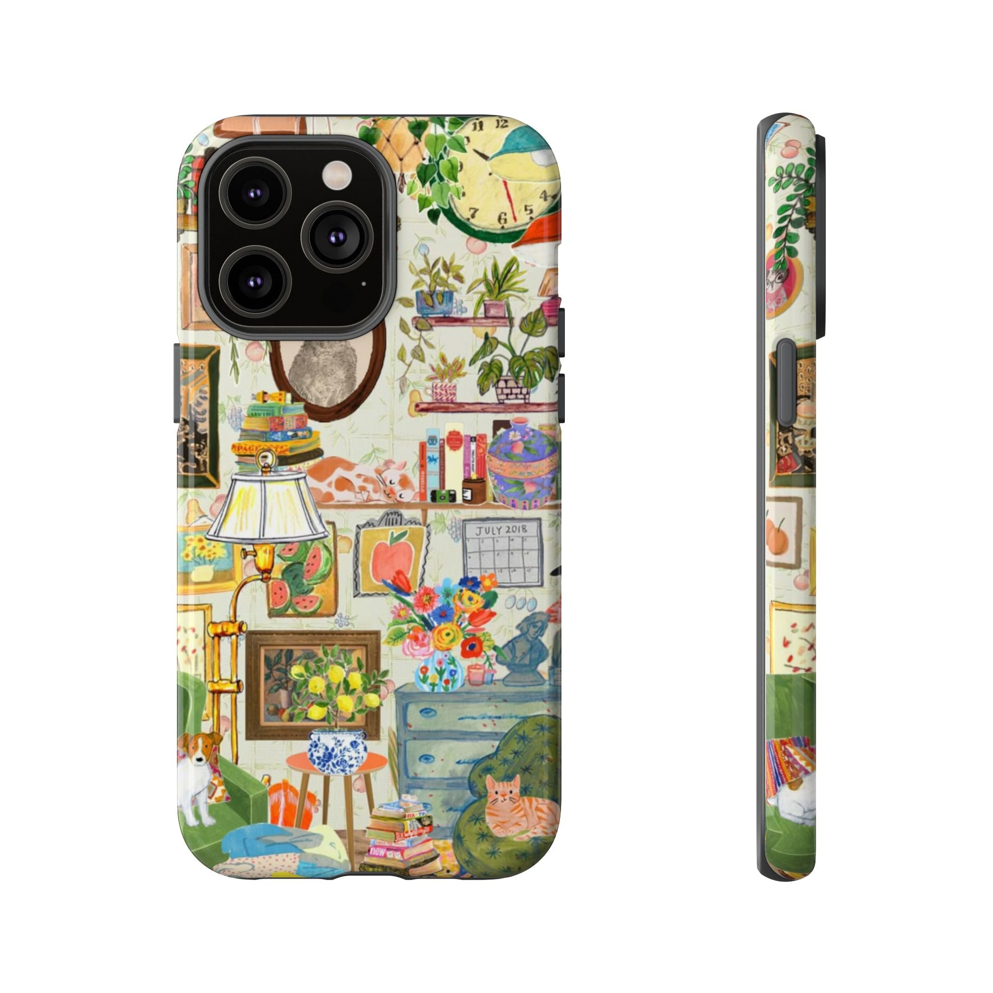 Cute cat portrait phone case for iPhone 17, stylish framed design by Printify featuring cozy living room pet home decor.
