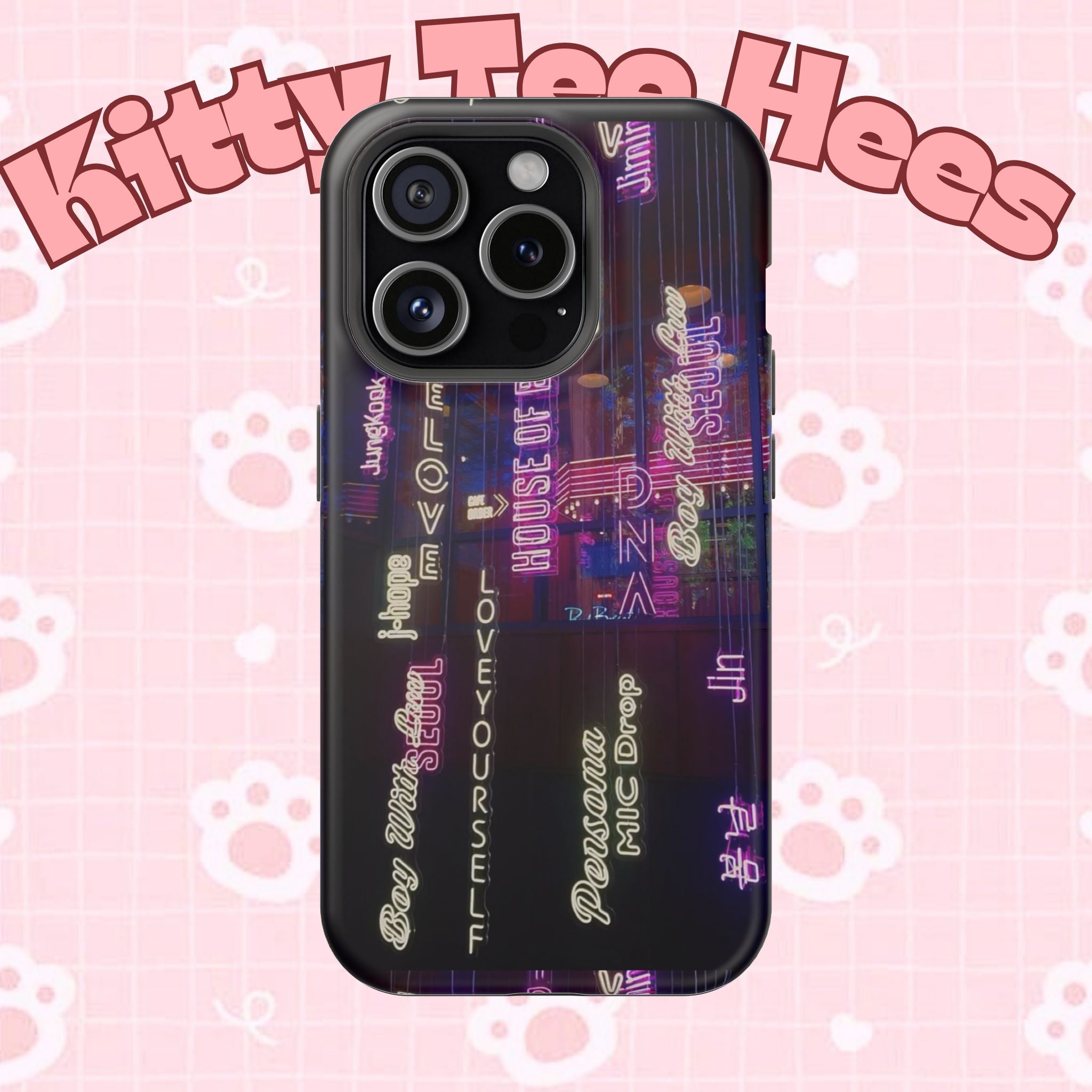 Neon Korean script BTS phone case for iPhone and Samsung, impact-resistant design featuring Bangtan Sonyeondan branding.