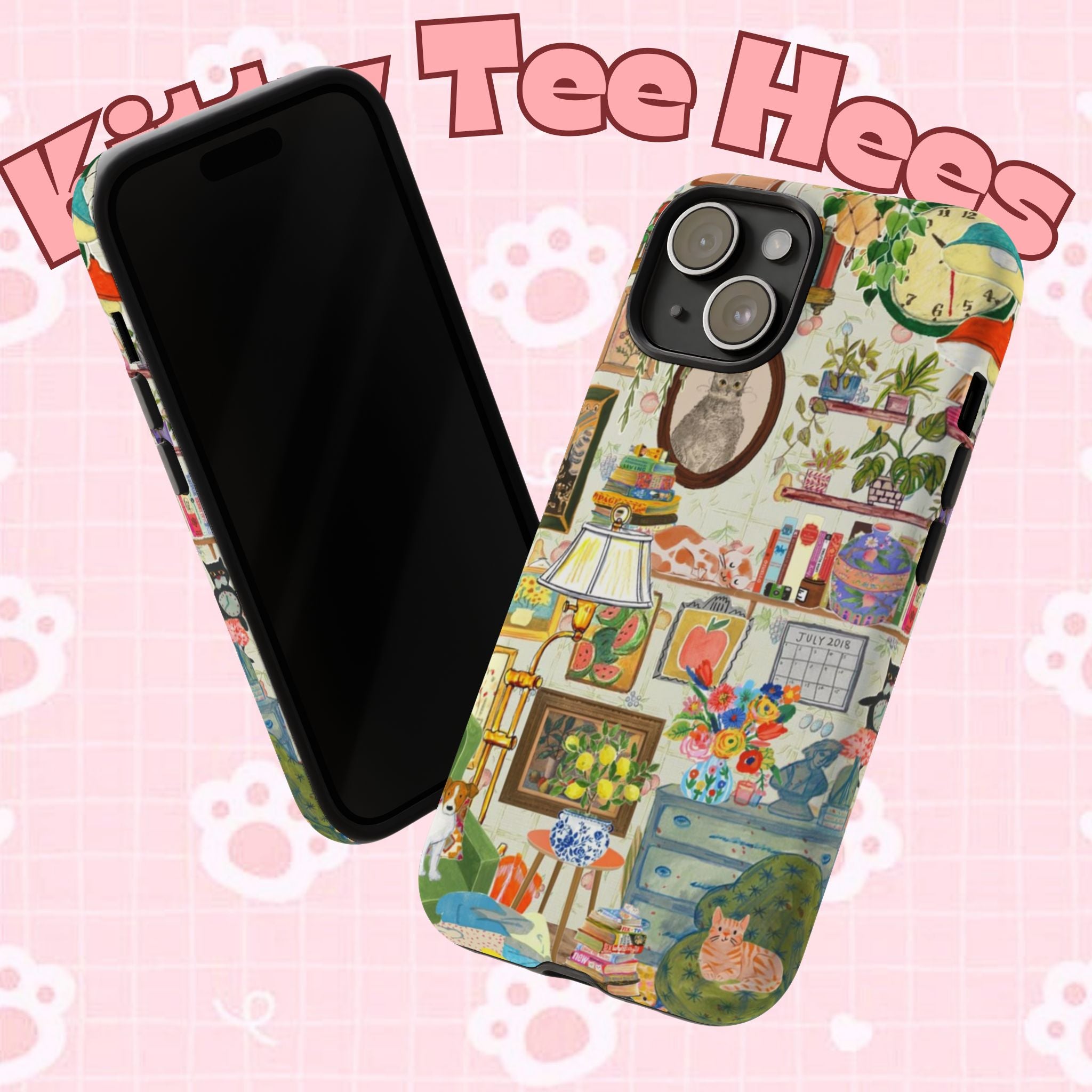 Cute cat portrait phone case for iPhone 17 by Printify featuring a stylish, cozy living room pet home design.