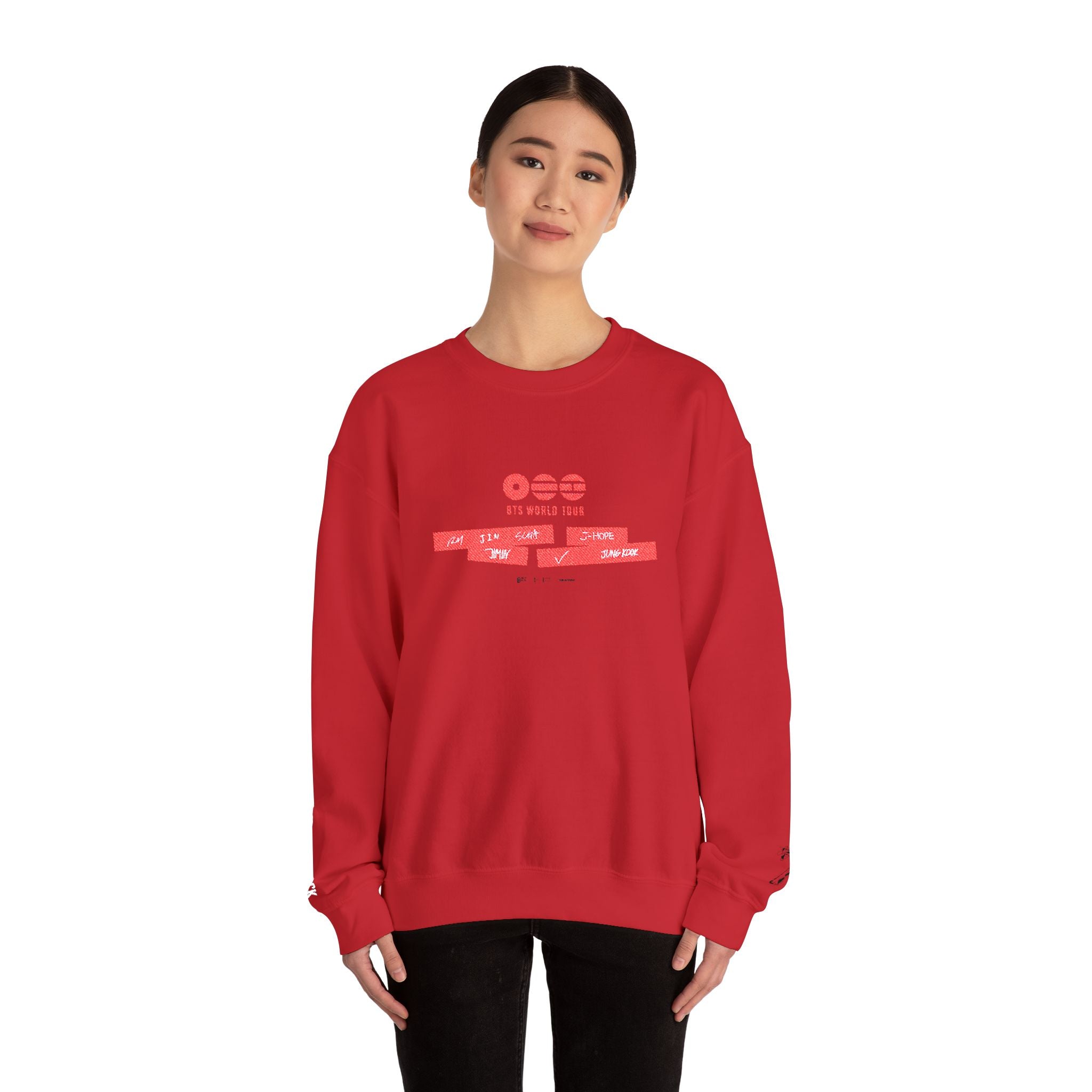 BTS ARIRANG 2026 comeback sweatshirt by Printify featuring a stylish concert tour design in black and white.