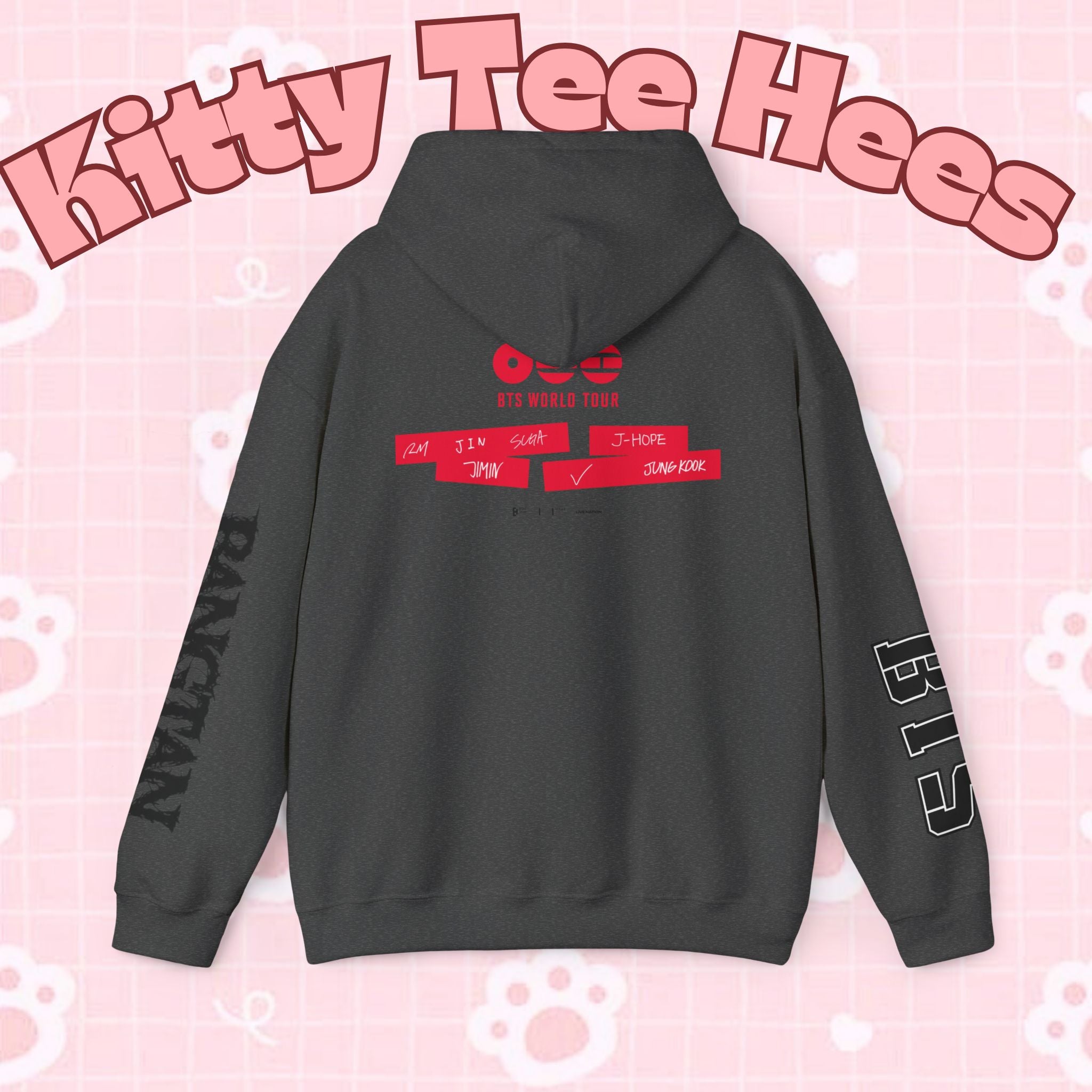 ARIRANG BTS World Tour hoodie with Bangtan sleeve graphic, printed by Printify, featuring a casual, graphic sweatshirt design.