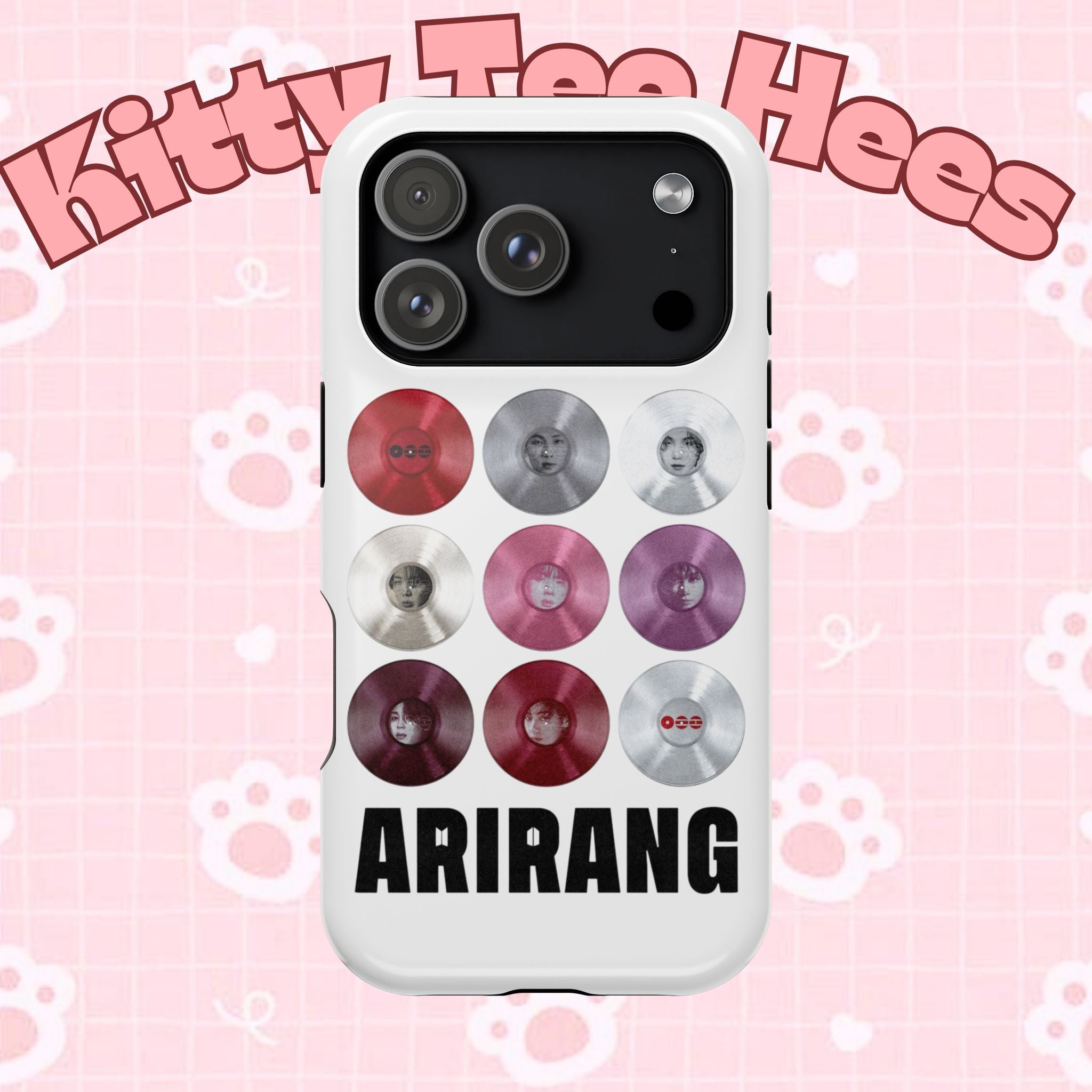Printify BTS Arirang vinyl record grid phone case featuring cool BTS fan merch, impact-resistant protective cover for smartphones.