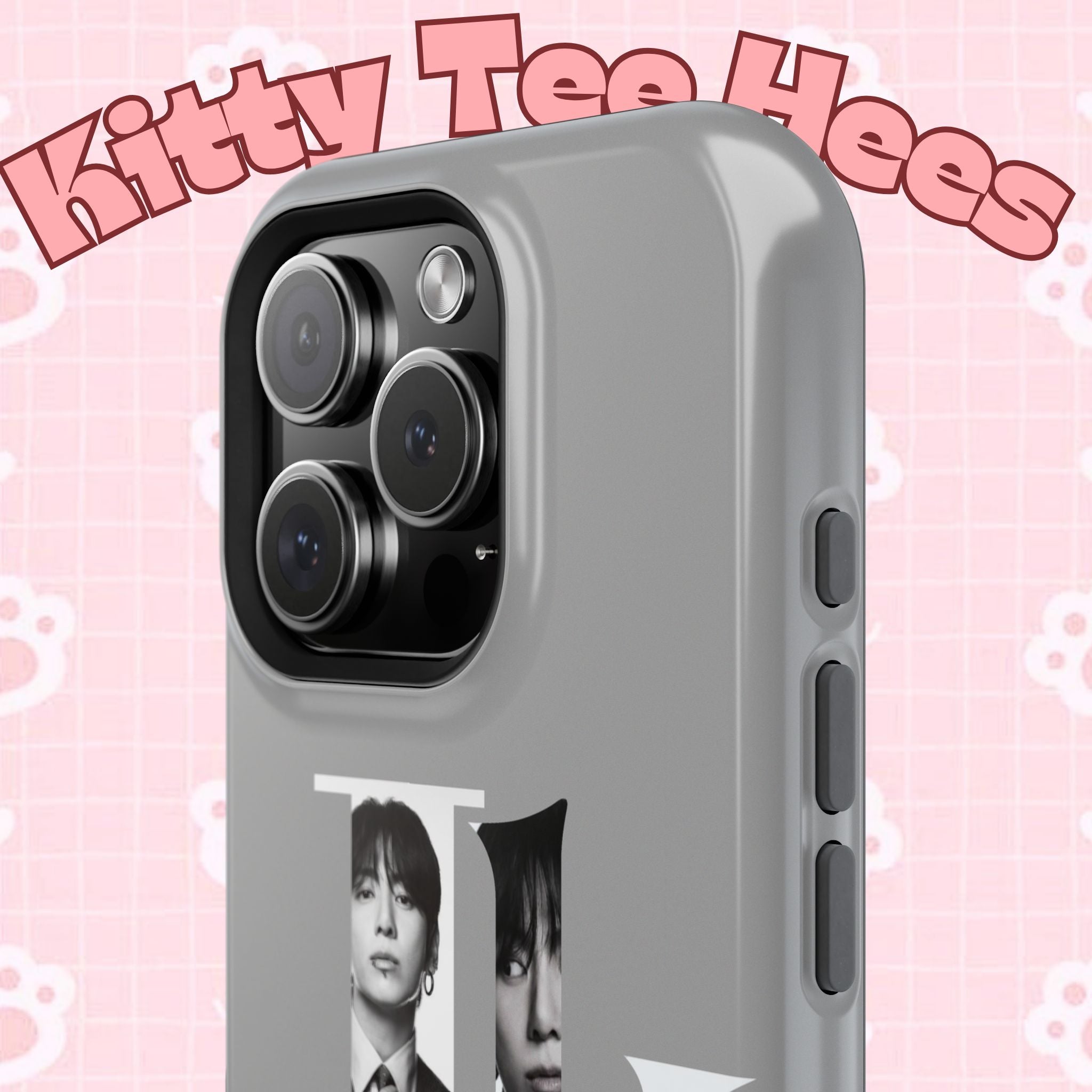Monochrome BTS Jungkook phone case by Printify featuring impact-resistant design and bold letter branding for BTS fans.