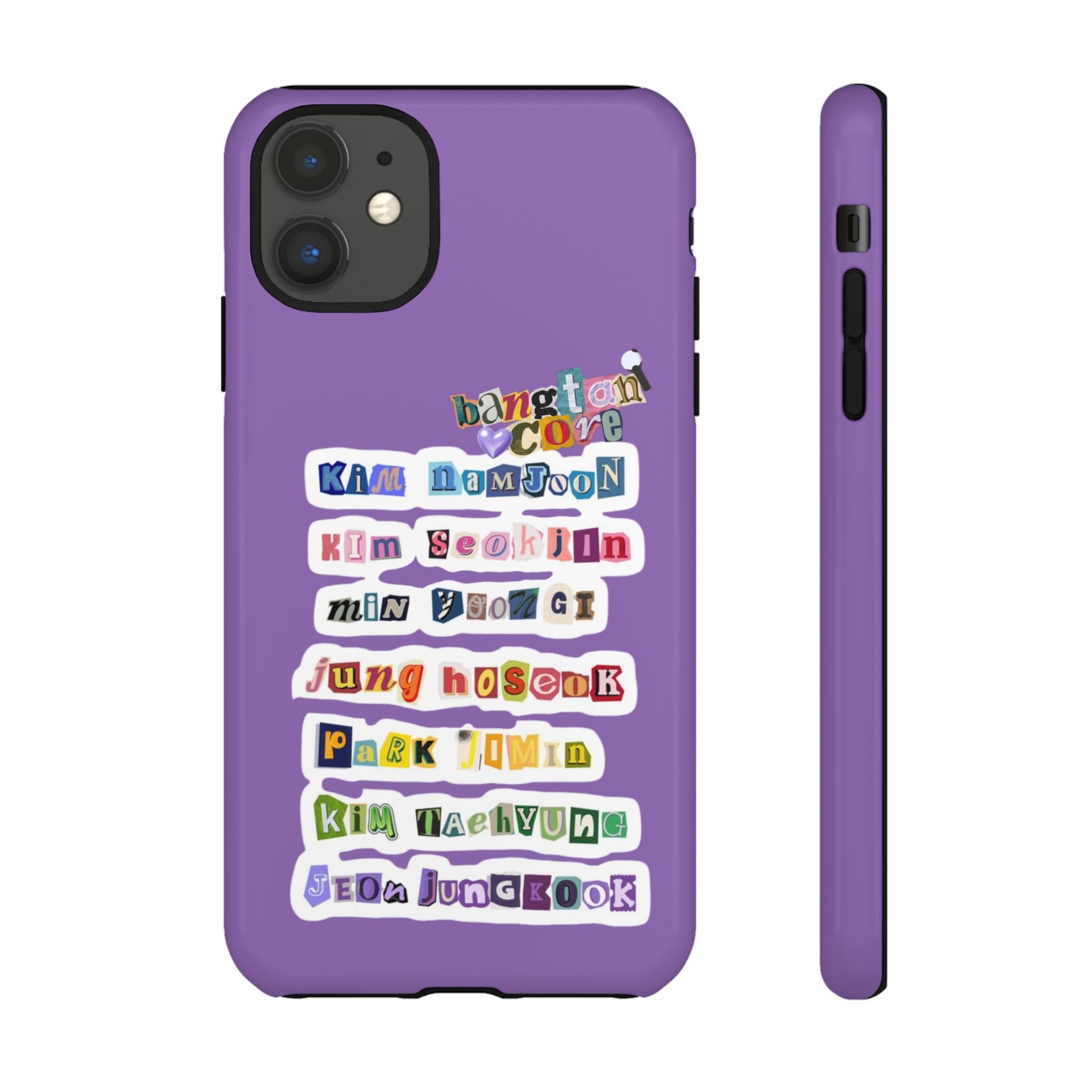 BTS member names phone case featuring Jungkook, Jimin, and Rap Monster for iPhone 17, durable Printify tough case.