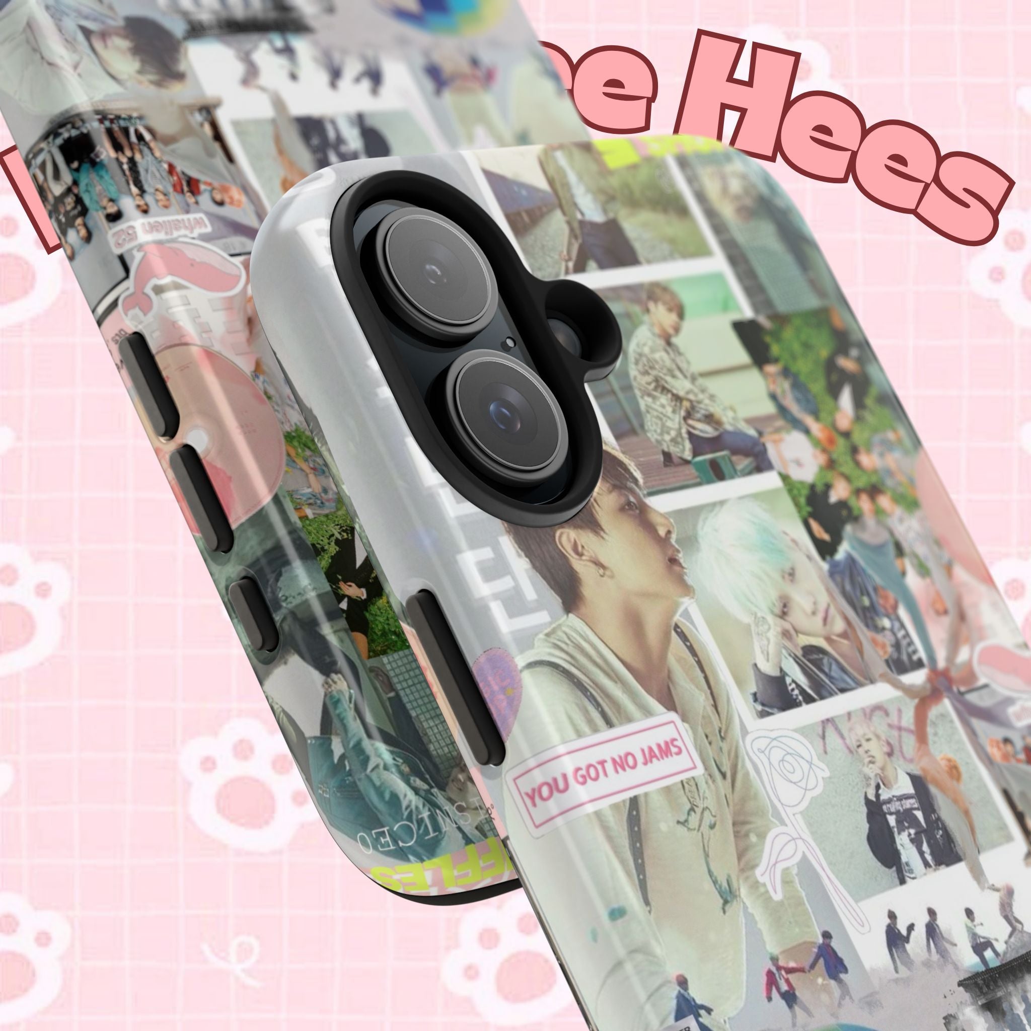 Printify BTS collage phone case for iPhone and Samsung with pastel hot air balloon and K-Pop photo collage design.