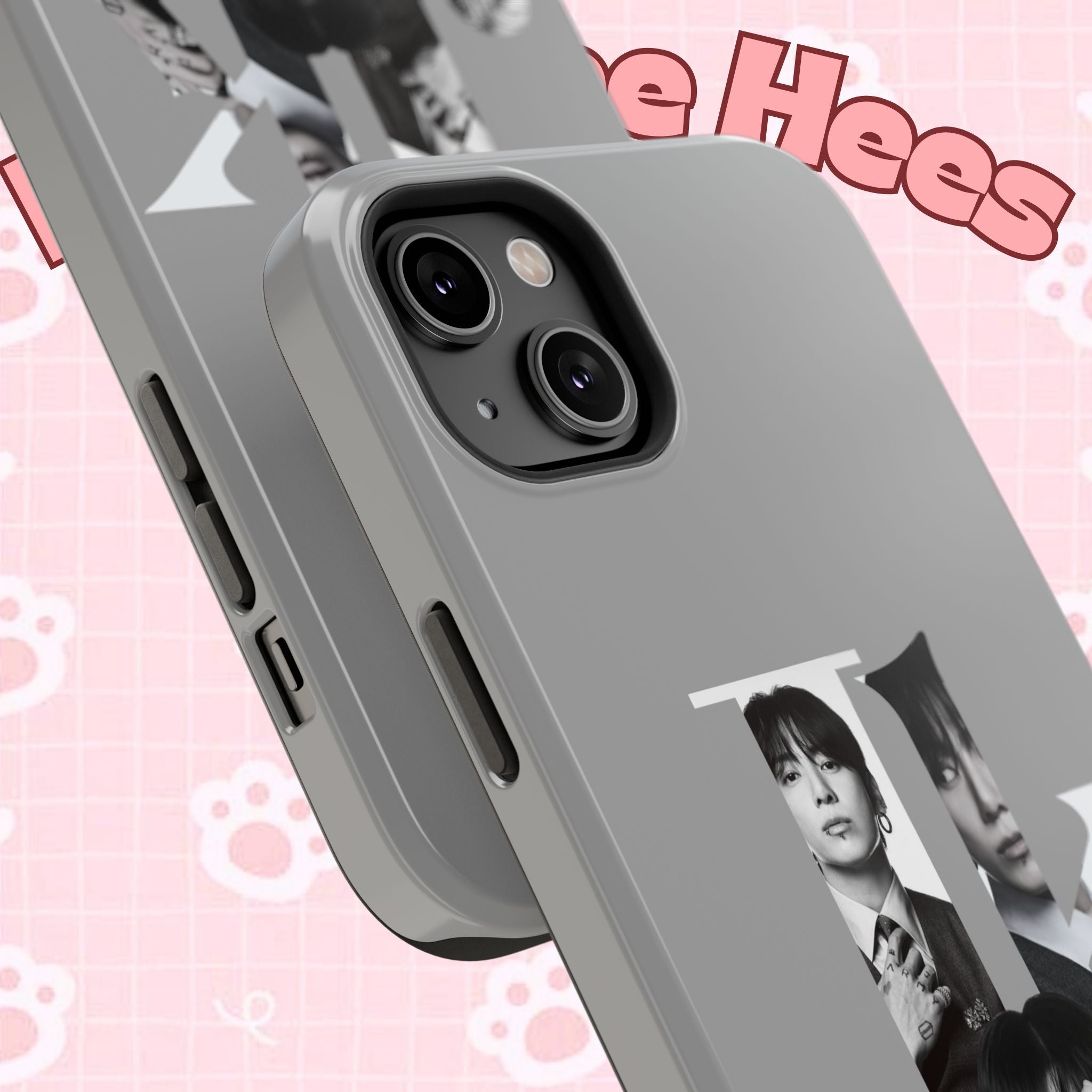 Monochrome BTS Jungkook phone case with letter design, impact-resistant Printify brand for Samsung or iPhone models.