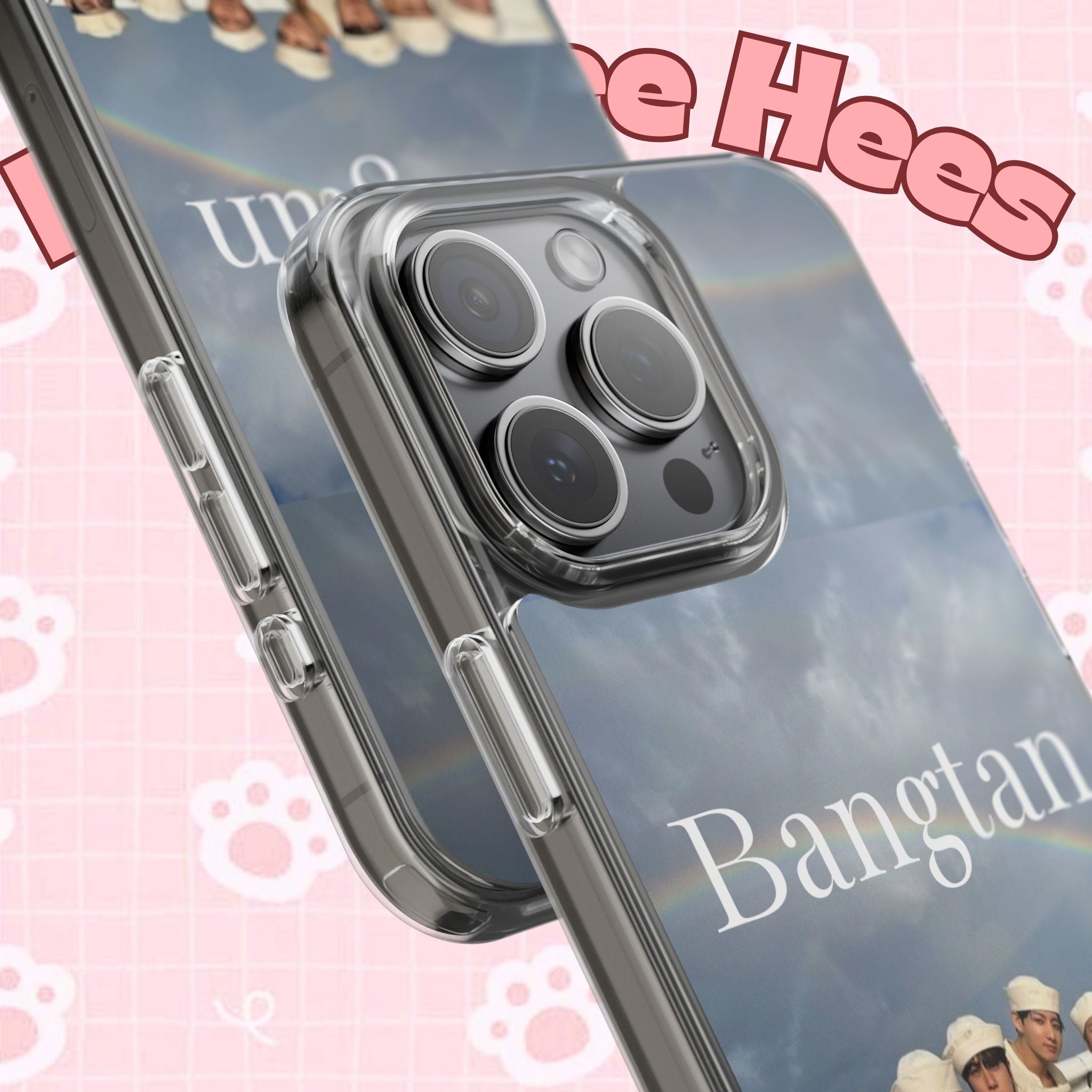 Clear impact-resistant phone case featuring a cute Bangtan Boys K-pop design for smartphones.