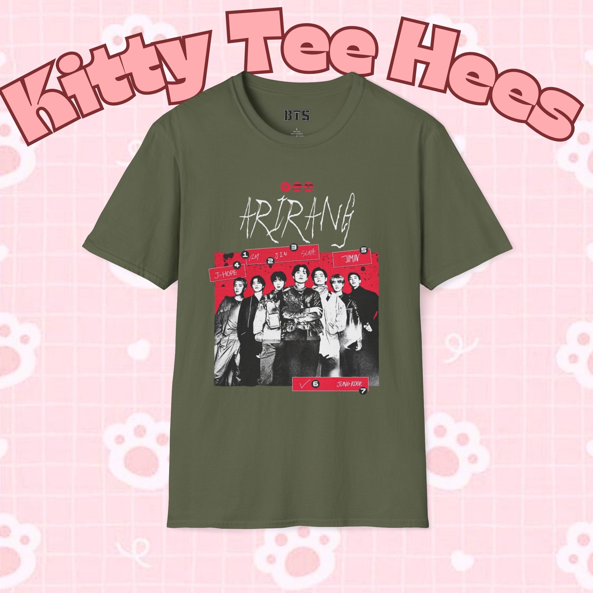 Arirang2026 BTS concert T-shirt featuring band photo, K-pop merch, casual fit, printed by Printify, ideal for BTS fans